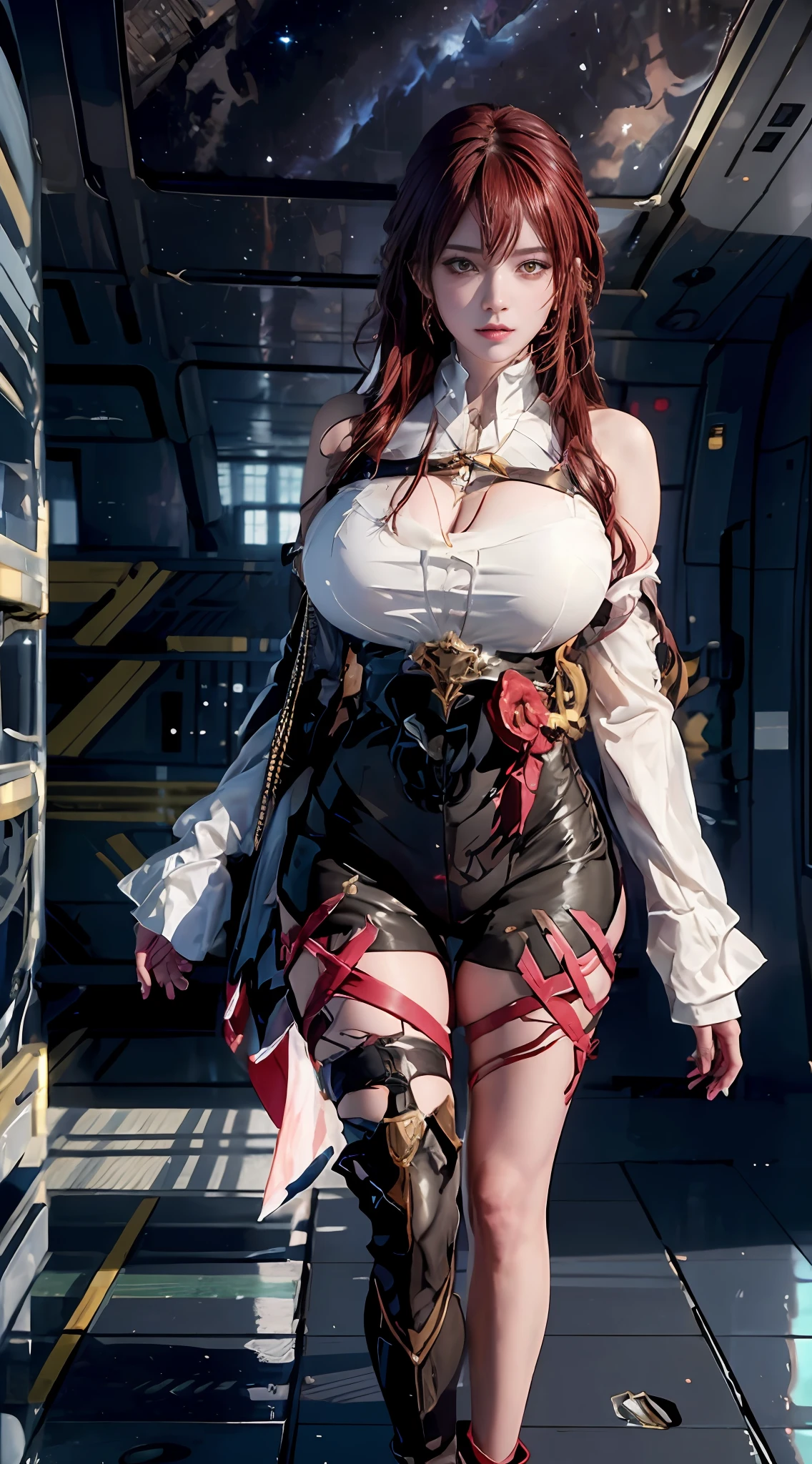 Unreal Engine 5 Realistic Rendering, dressed in《Apokolips Star Iron》Role play, honkai star rail, Game character, rpgmaker, walking down hallway of futuristic space station, Beautiful face, Makeup, top body is hyper realistic thicc muscle and hyper largest_Breasts!! with the type of boobs_melons, lower is huge buttocks, jealous, A high resolution, A high resolution, 1080p, hyper HD, Masterpiece, Bokeh,