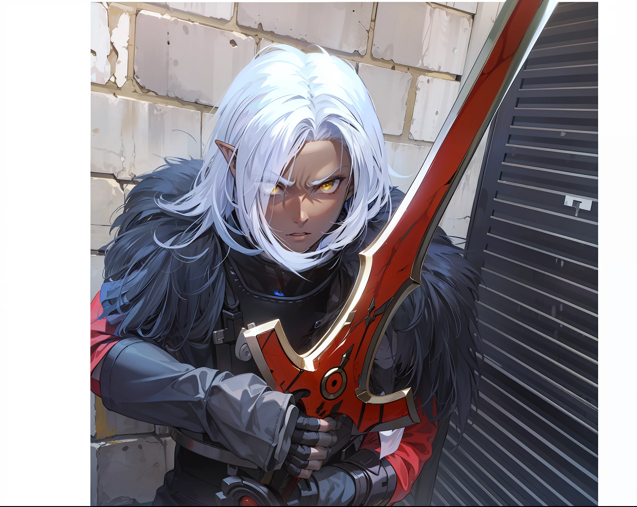 Boy, brown skinned, holding a sword with both hands, pointed ears,4k, yellow eyes, black armor
