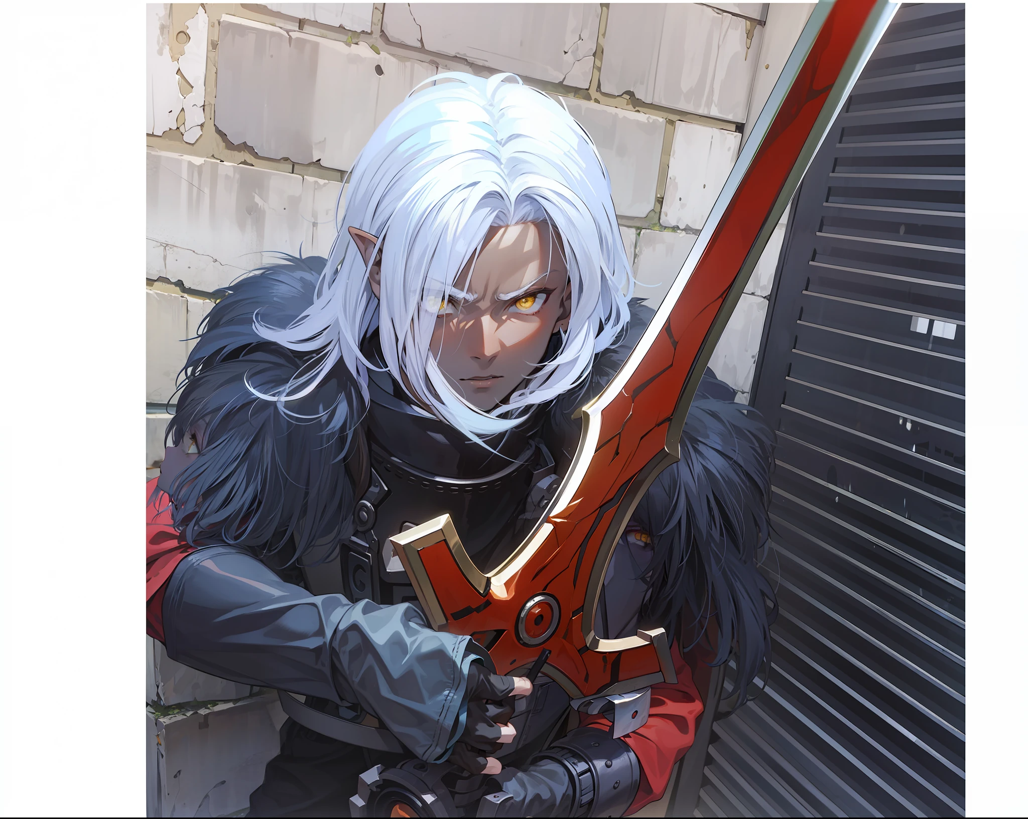 Boy, brown skinned, holding a sword with both hands, pointed ears,4k, yellow eyes, black armor