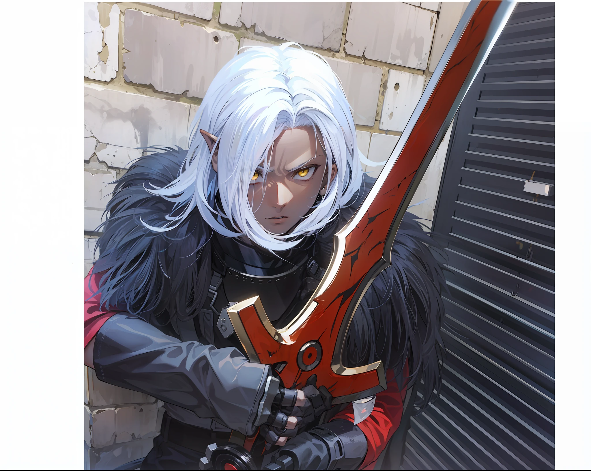 Boy, brown skinned, holding a sword with both hands, pointed ears,4k, yellow eyes, black armor