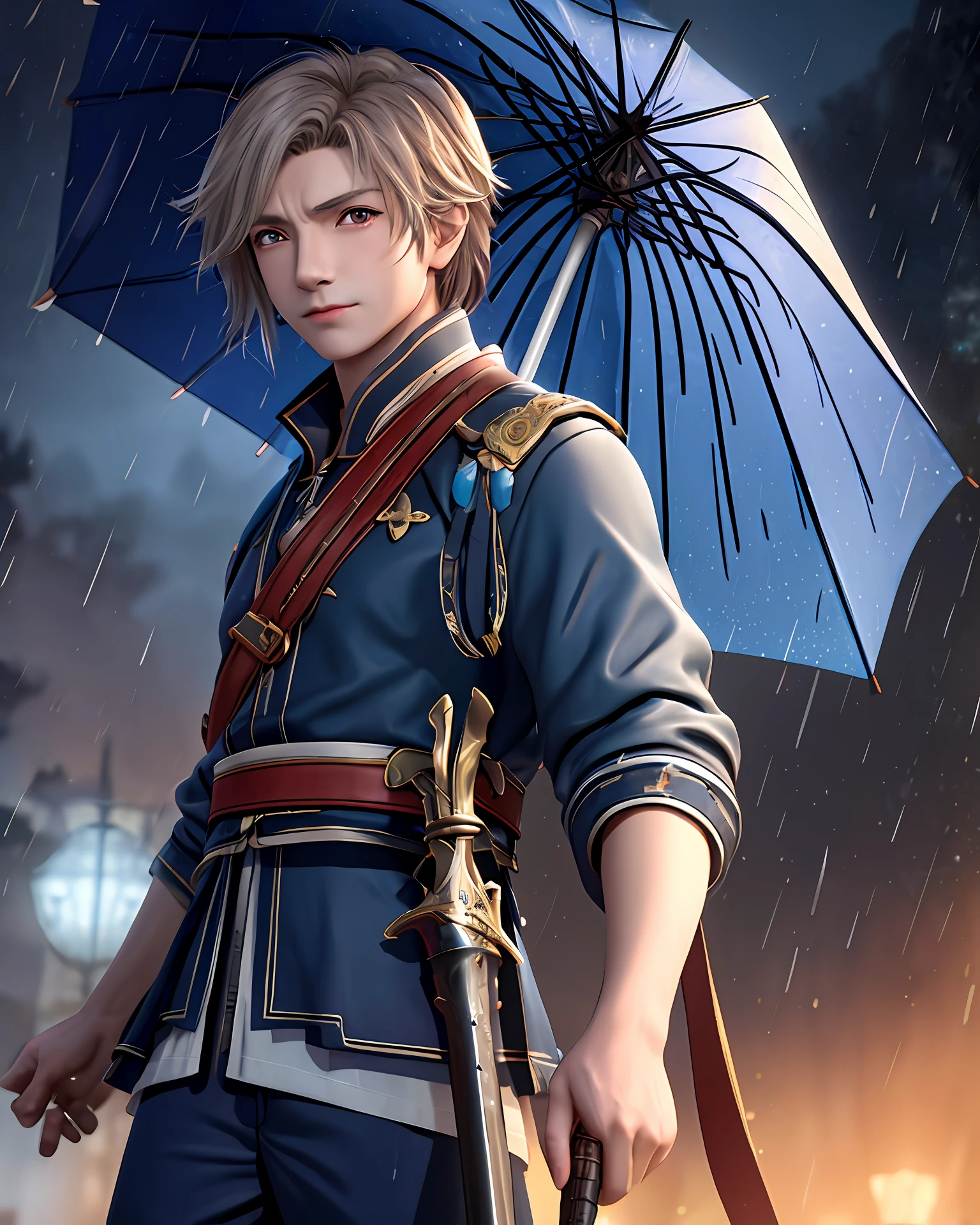 1 middle-aged male 2 rainy nights,3, hold the umbrella 4 two-dimensional 5 dim 6 bow the head 7 wipe the sword
