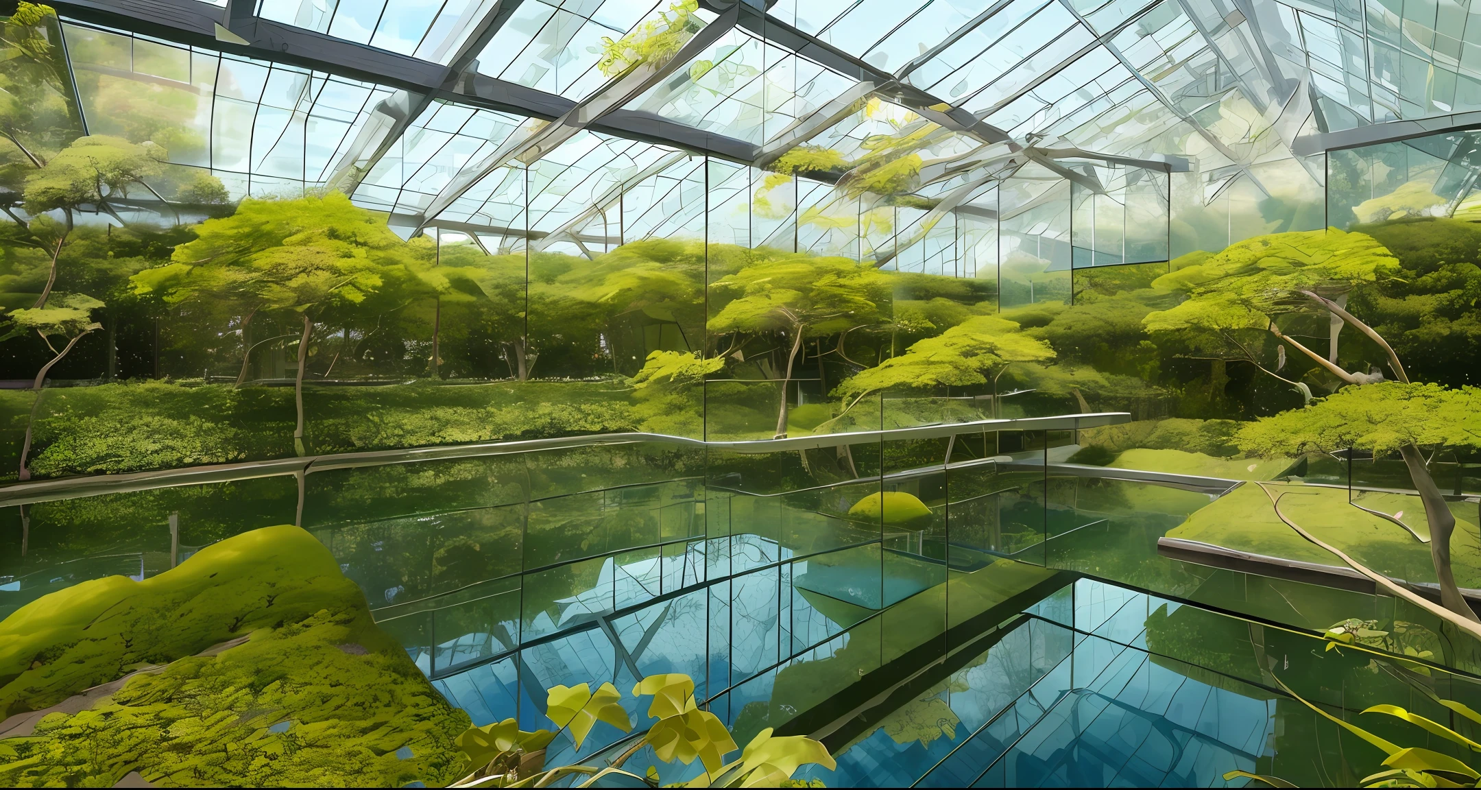 Large glass house with locust trees in a green lake overlooking Shu Cha Mountain
