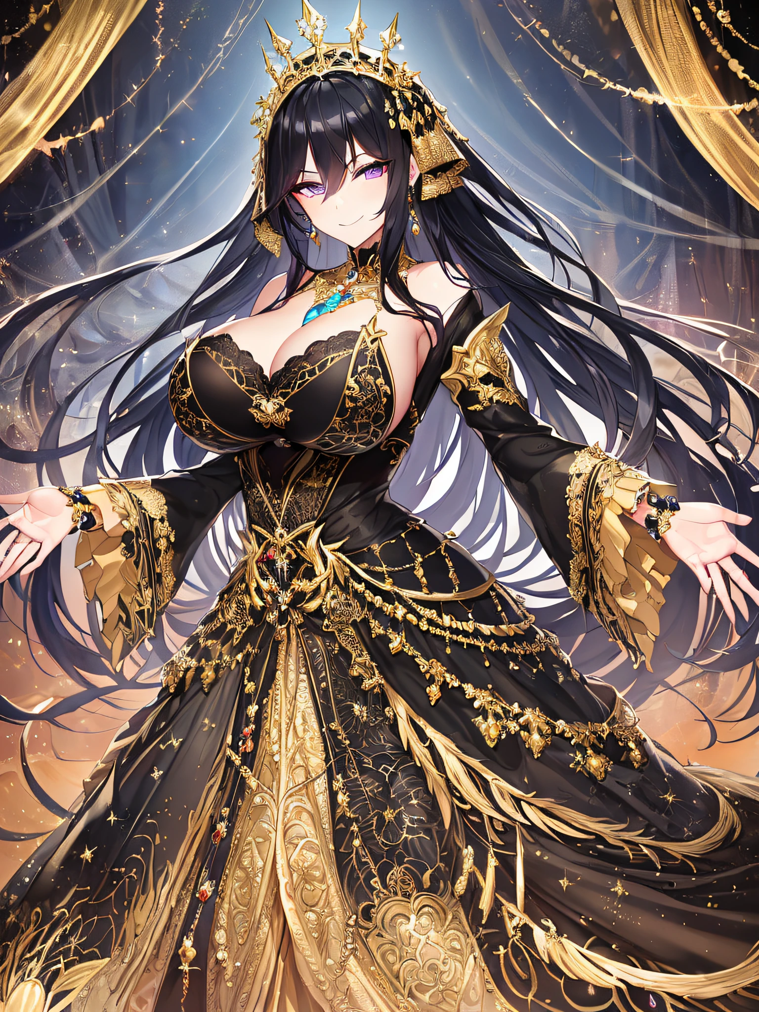 ((anime artstyle)),(Masterpiece),(Best Quality), (Super Detail),((Very Delicate and Beautiful)),Focus on character,Dynamic Angle,Looking at viewer,((Solo)),standing,((full body)),((one cute queen in gorgeous embroidery black and gold gorgeousfull BlingBling ball gown with voluminous skirt)),((BlingBling)),((arrogant)),((naughty smile)),(Purple eyes),Sharp eyes,detailed face and eyes,jewel-like eyes,(((Very Long voluminous black Hair))),Straight Hair,((Bangs between eyes)),((gorgeousfull embroidery and lace)),gorgeous corsage,See-through,Gorgeous jewelry ornaments,gorgeousfull BlingBling hair ornament,(gorgeousfull BlingBling tiara with jewels),ornate ruffles,((skindentation)),((gigantic breasts,Long breasts)),((full body)),(hoop skirt,crinoline),(((gorgeous embroidery and jeweled black and gold BlingBling gorgeousfull ball gown with voluminous skirt)))