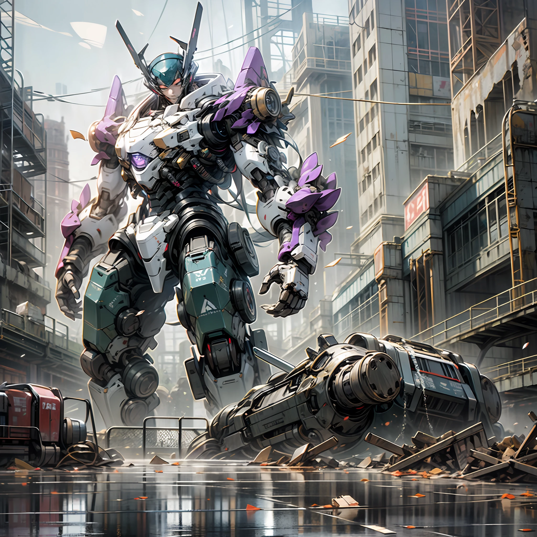 Purple giant titan robot,Black eyes,There is no light in the eyes,Fall forward,Torn armor,The titan robot has a huge rift in its chest,Broken pieces of iron spilled,Ruins all over the ground,flowingwater,Huge weapon of breakage,future-tech,cyber punk perssonage,exquisite detailing,rich details,Collapsed buildings
