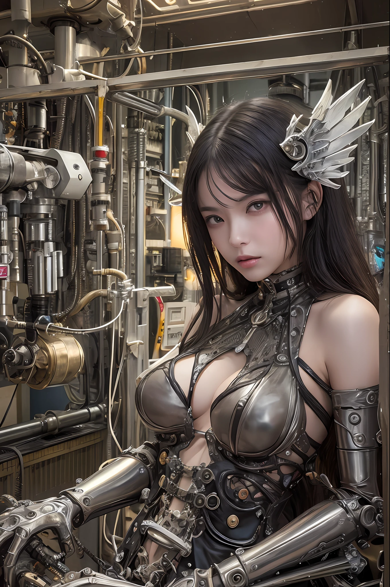 top-quality、masterpiece、超A high resolution、(Photorealsitic:1.4)、Raw photo、女の子1人、Black hair、glowy skin、1 Mechanical Angel、large metal wings、Shining Angel Circle、((super realistic details))、portlate、globalillumination、Shadow、octan render、8K、ultrasharp、Colossal tits、Raw skin is exposed in cleavage、metals、Details of complex ornaments、Steampunk details、vacuum tubes、Nixie Kan、Oil pressure gauge、Glass Kan、Analog Meter、gear wheel、gear、Hydraulic cylinder、highly intricate detail、Realistic light、a purple eye、radiant eyes、Facing the camera、neon details、Mechanical limbs、blood vessels connected to tubes、Mechanical vertebrae attached to the back、mechanical cervical attaching to neck、sitting on、Wires and cables connecting to the head、evangerion、Small LED lamp、Sumerian details、