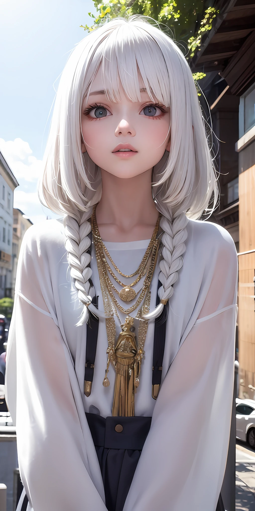 best quality, masterpiece,white hair, gold eyes,white clothes, looking up, upper body,hair strand,Fair skin,side braids