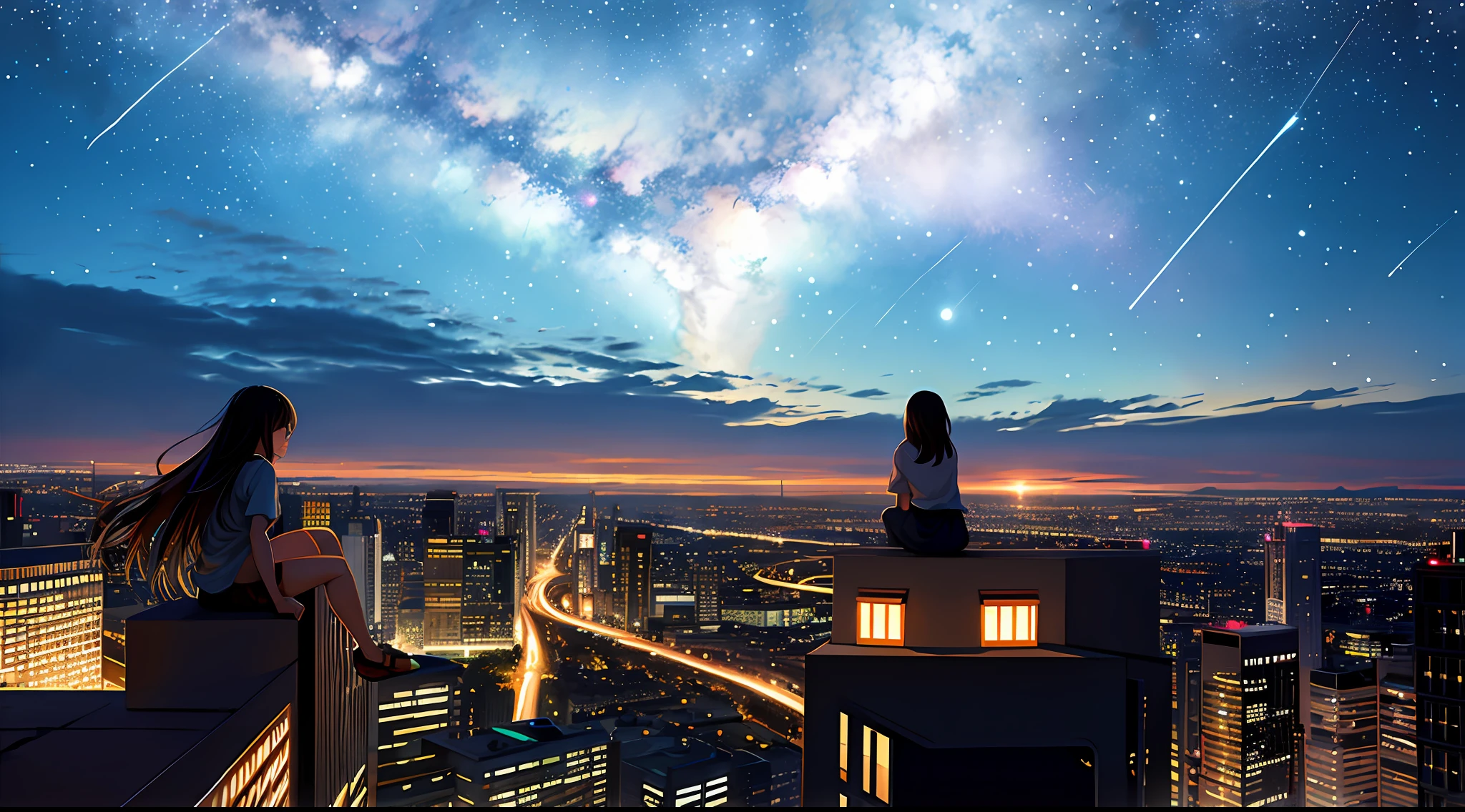 octans, sky, star (sky), scenery, starry sky, night, 1girl, night sky, solo, outdoors, building, cloud, milky way, sitting, tree, long hair, city, silhouette, cityscape