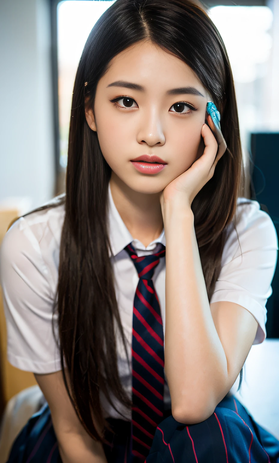 ulzzang -6500-v1.1, (Raw foto:1.2), (Photorealsitic:1.4), a beautiful detailed girl, japanes、2 legs、2 arms、extremely detailed eye and face, beatiful detailed eyes, Panchira、pantiy、full body Esbian、Underpants、Show Pants、Sit up、burden、Ridiculous, unbelievable Ridiculous, huge filesize, ultra-detailliert, hight resolution, ighly detailed, top-quality, masterpiece, Kemomimi, ((Japanese girls' high school uniform)), illustratio, ighly detailed, nffsw, unification, 8k wallpaper, magnifica, finely detail, masterpiece, top-quality, Highly detailed ticker uniform 8K wallpaper, Light on the Face、电影灯光、a 18 year old girl、Raw feet、