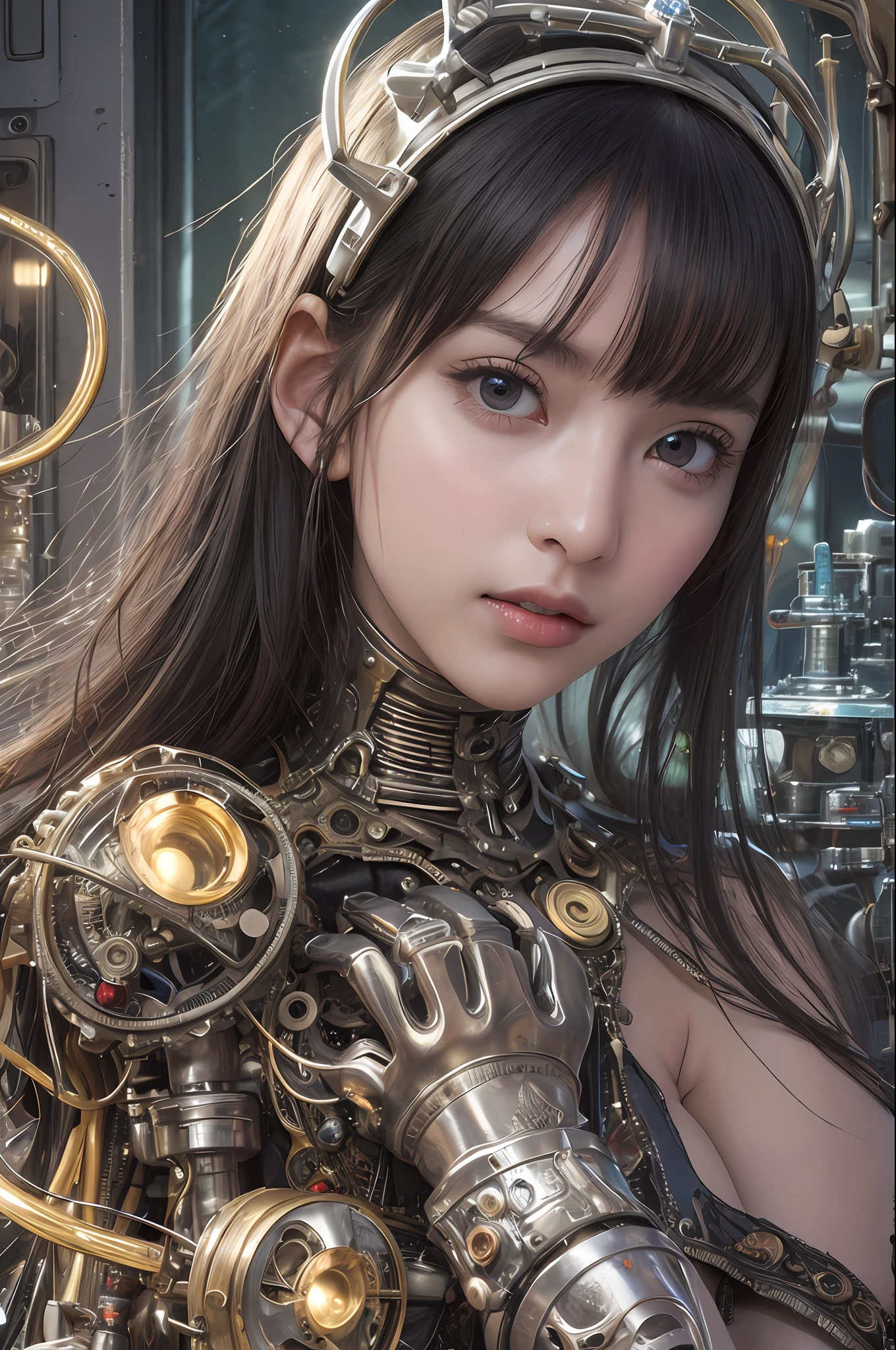 top-quality、masterpiece、超A high resolution、(Photorealsitic:1.4)、Raw photo、女の子1人、Black hair、glowy skin、1 Mechanical Angel、large metal wings、Shining Angel Circle、((super realistic details))、portlate、globalillumination、Shadow、octan render、8K、ultrasharp、Colossal tits、Raw skin is exposed in cleavage、metals、Details of complex ornaments、Steampunk details、vacuum tubes、Nixie Kan、Oil pressure gauge、Glass Kan、Analog Meter、gear wheel、gear、Hydraulic cylinder、highly intricate detail、Realistic light、a purple eye、radiant eyes、Facing the camera、neon details、Mechanical limbs、blood vessels connected to tubes、Mechanical vertebrae attached to the back、mechanical cervical attaching to neck、sitting on、Wires and cables connecting to the head、evangerion、Small LED lamp、Sumerian details、