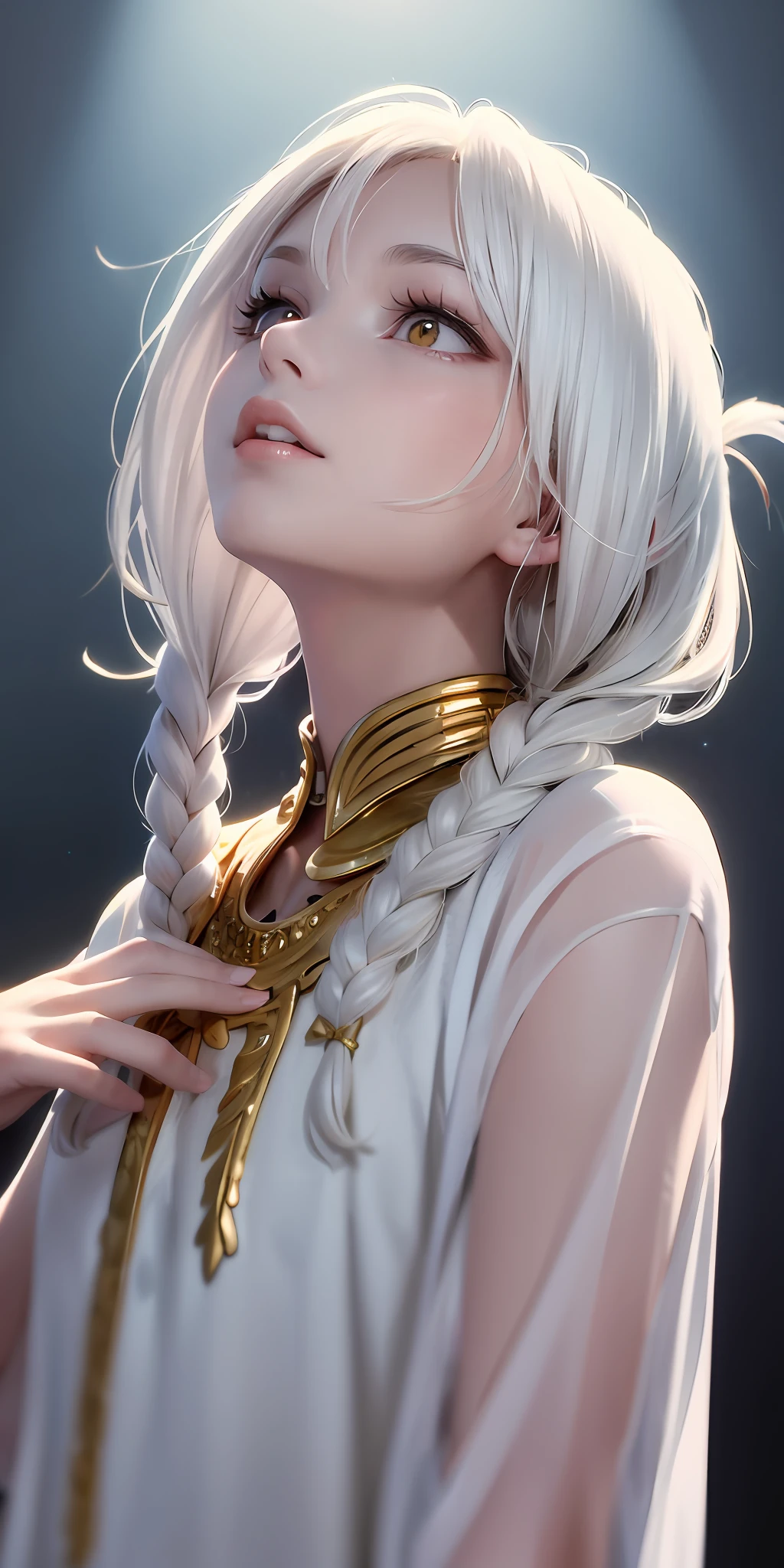 best quality, masterpiece,white hair, gold eyes,white clothes, looking up, upper body,hair strand,Fair skin,side braids