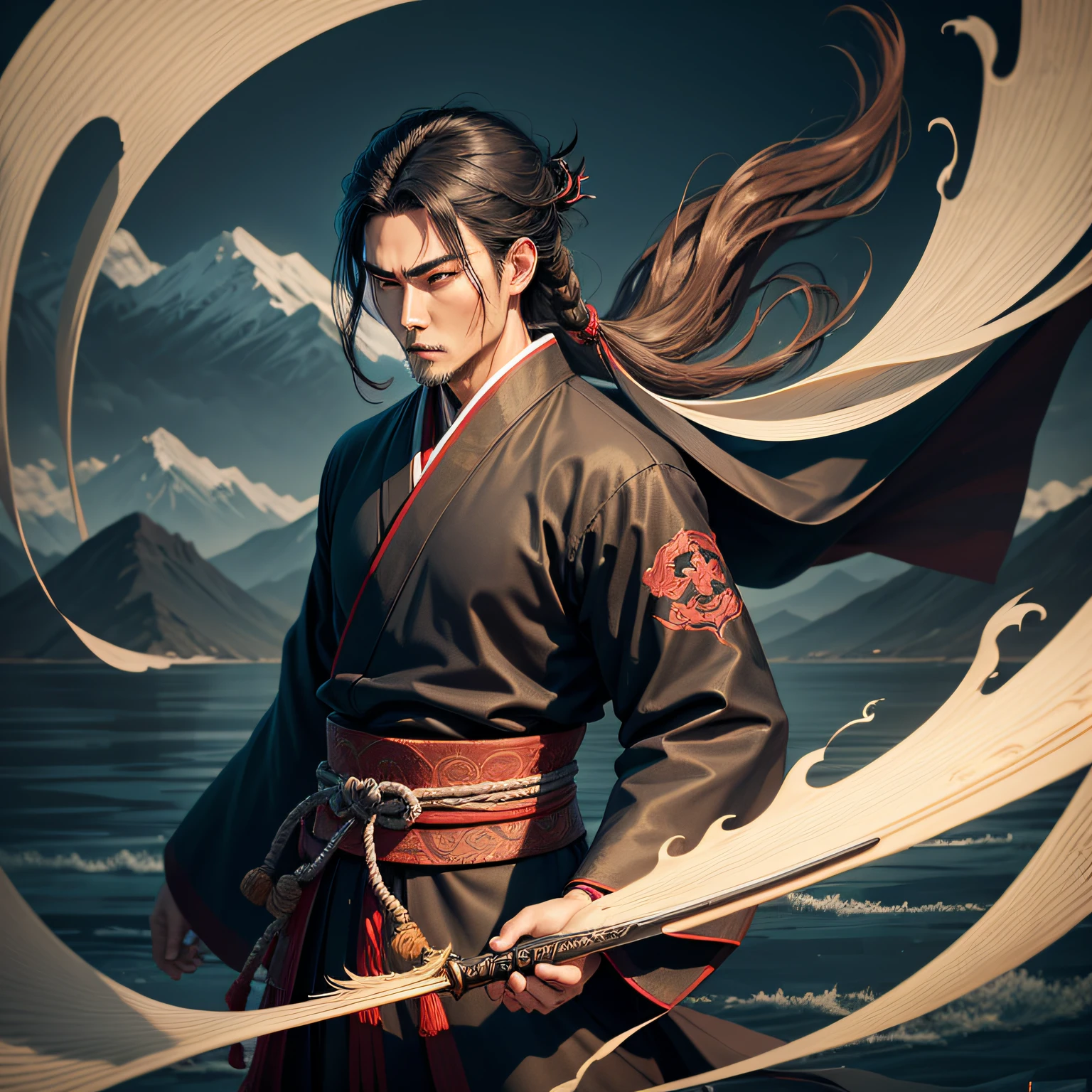 Traditional chinese painting，Hanfu，ninja scroll anime style, Detailed bushido form smoke, inspired by Kanō Hōgai, Inspired by Sanraku Kano, inspired by Seshu Toyo,Shinobi，With a long sword，Man dressed in black，Walk alone，long whitr hair，Back Shadow ，solo person，Standing under the mountains and flowing waters，male people --auto