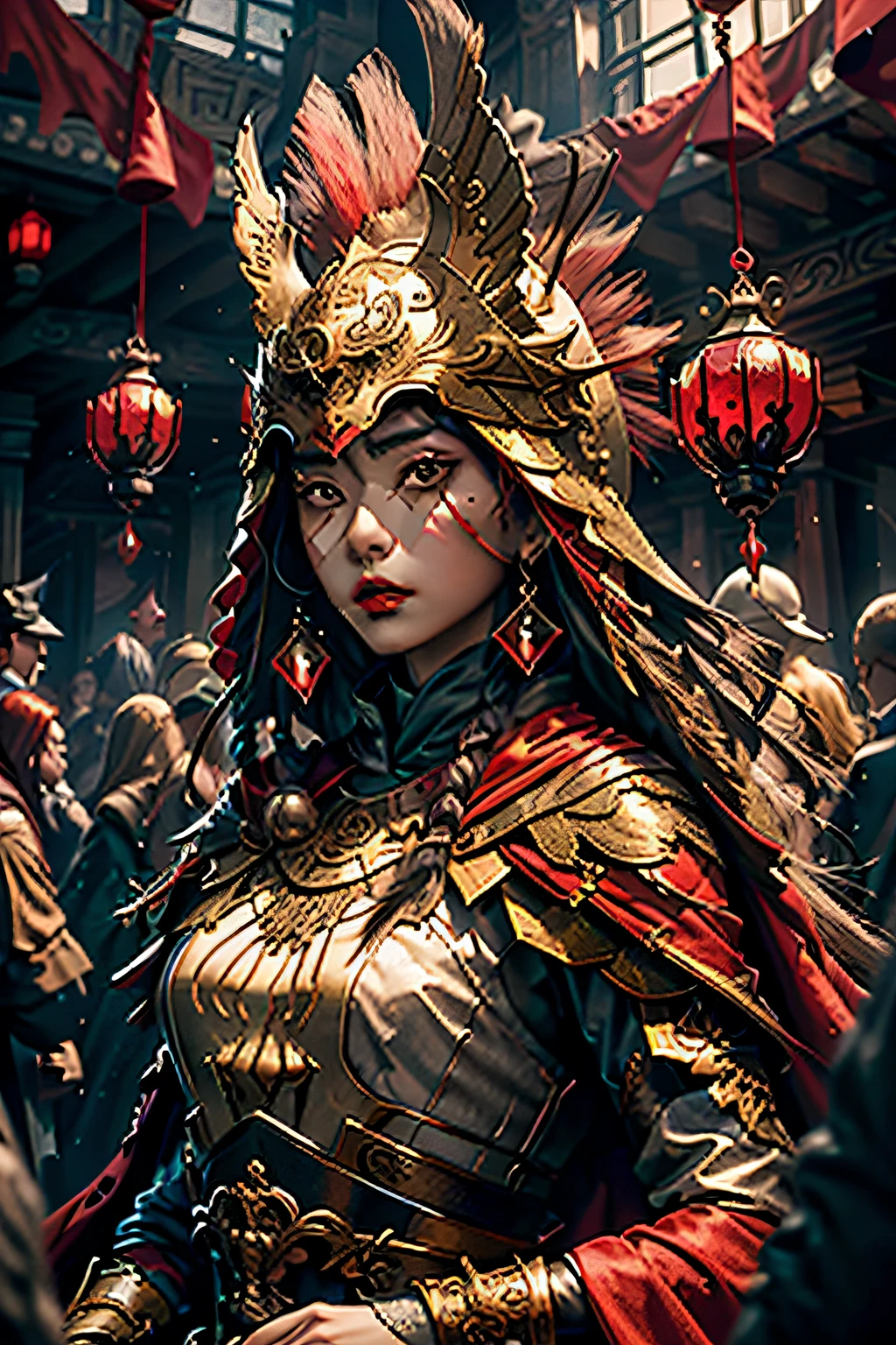 (tmasterpiece),(best qualtiy),(ultra - detailed),hyper realisitc,CG Screen,The hanging bell swayed,Shadows intertwine,Tranquil atmosphere,High-quality red cape,Red lip makeup。