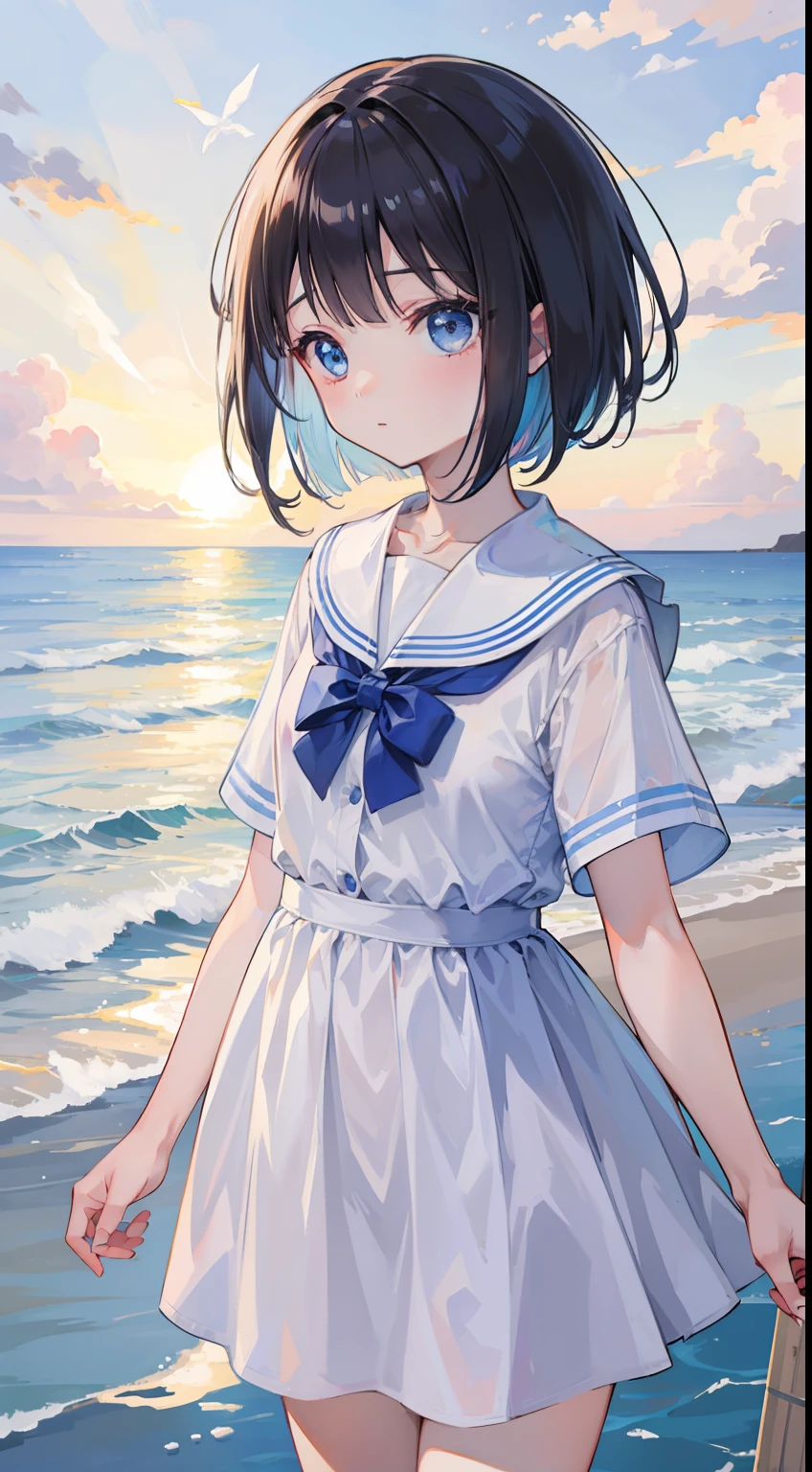 One girl、Eau、sea side、evening glow、cute little、masterpiece、top-quality、Top image quality、校服、Fluttering hair、A dark-haired、bob cuts