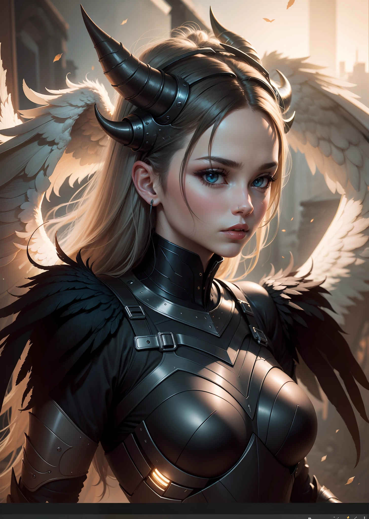 A demon angel with detailed cyber armor, imposing horns on the head, and a beautiful face. large wings.
