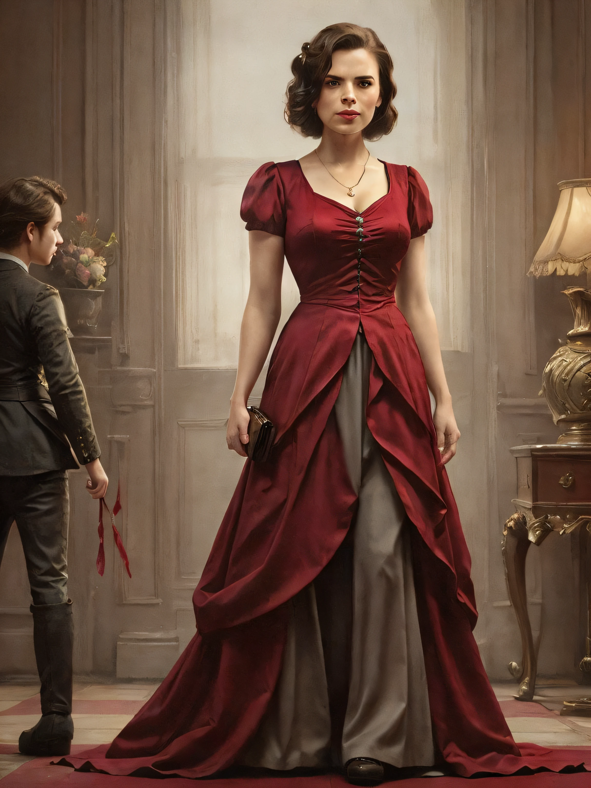 (Thirty year old) woman, standing, wearing a (floor length scarlet red Victorian dress:1.2), beautiful legs, dreamy photo, dramatic pose, looking straight at camera, intense stare, slight smile, blood red lips, dark eye make-up, beautiful landscape, Victorian gothic, misty, andre kohn, Canon, (Detailed features::1.2), real life. Hayley Atwell, intricate, 8k, highly detailed, (extremely detailed CG unity 8k wallpaper), ((square jaw)), (well defined jaw), (downturned lips), (detailed anatomy), Hyperrealistic full shot body image, trending on CGSociety, Intricate, High Detail, Sharp focus, dramatic, volumetric lighting, digital painting, intense, modelshoot style, (extremely detailed CG unity 8k wallpaper), full shot body photo of the most beautiful artwork in the world, pearl skin, professional majestic oil painting by Ed Blinkey, Atey Ghailan, Studio Ghibli, by Jeremy Mann, Greg Manchess, Antonio Moro, trending on ArtStation, photorealistic painting art by midjourney and greg Rutkowski