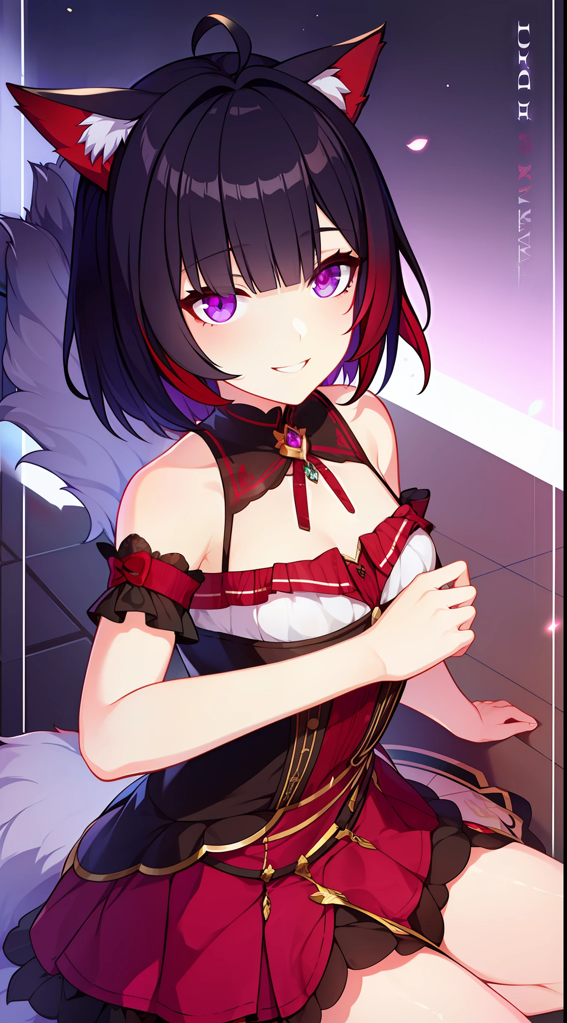 young girl, short purple hair, red tips, violet eyes, wolf ears, open dress, ssmile, Masterpiece, hiquality