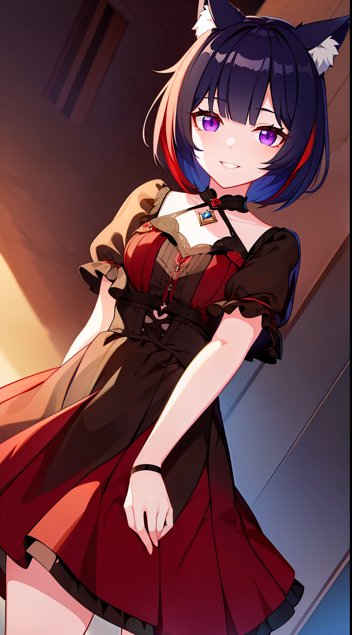 young girl, short purple hair, red tips, violet eyes, wolf ears, open dress, ssmile, Masterpiece, hiquality