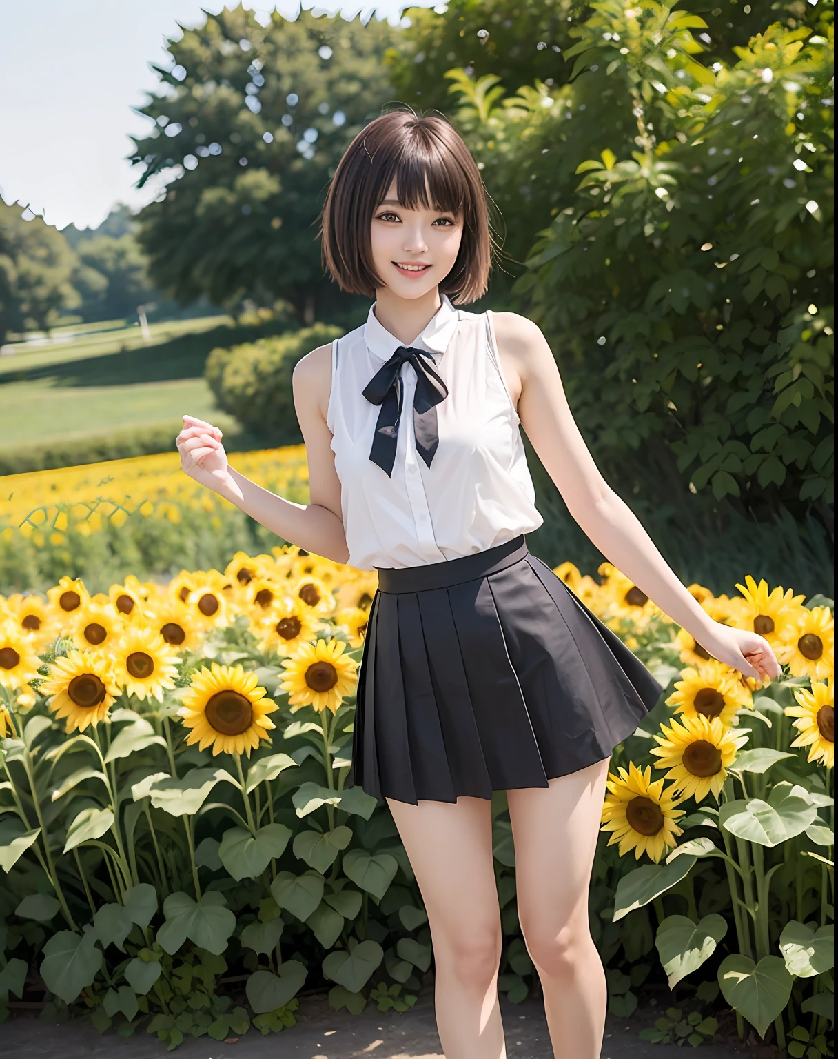 zydG, 1girl, More skin, toView, brown-eyed, (Shorthair with bangs:1.2), (middlebreast:1.0), (medium areolae:0.8),
(Photorealsitic:1.4), (Top image quality:1.0), (超A high resolution:1.0), 8K, RAW Photography, (masterpiece:0.2), (pureerosface_v1:0.5)2girls、full body Esbian、8K、Raw photography、top-quality、masterpiece、realisitic、Photorealsitic、Sexy costumes、a miniskirt。Beautiful morning sun overlooking the sunflower field、Smiling 22-year-old standing there、The image of two Japan college girls shines.、Short skirt swaying in the wind。