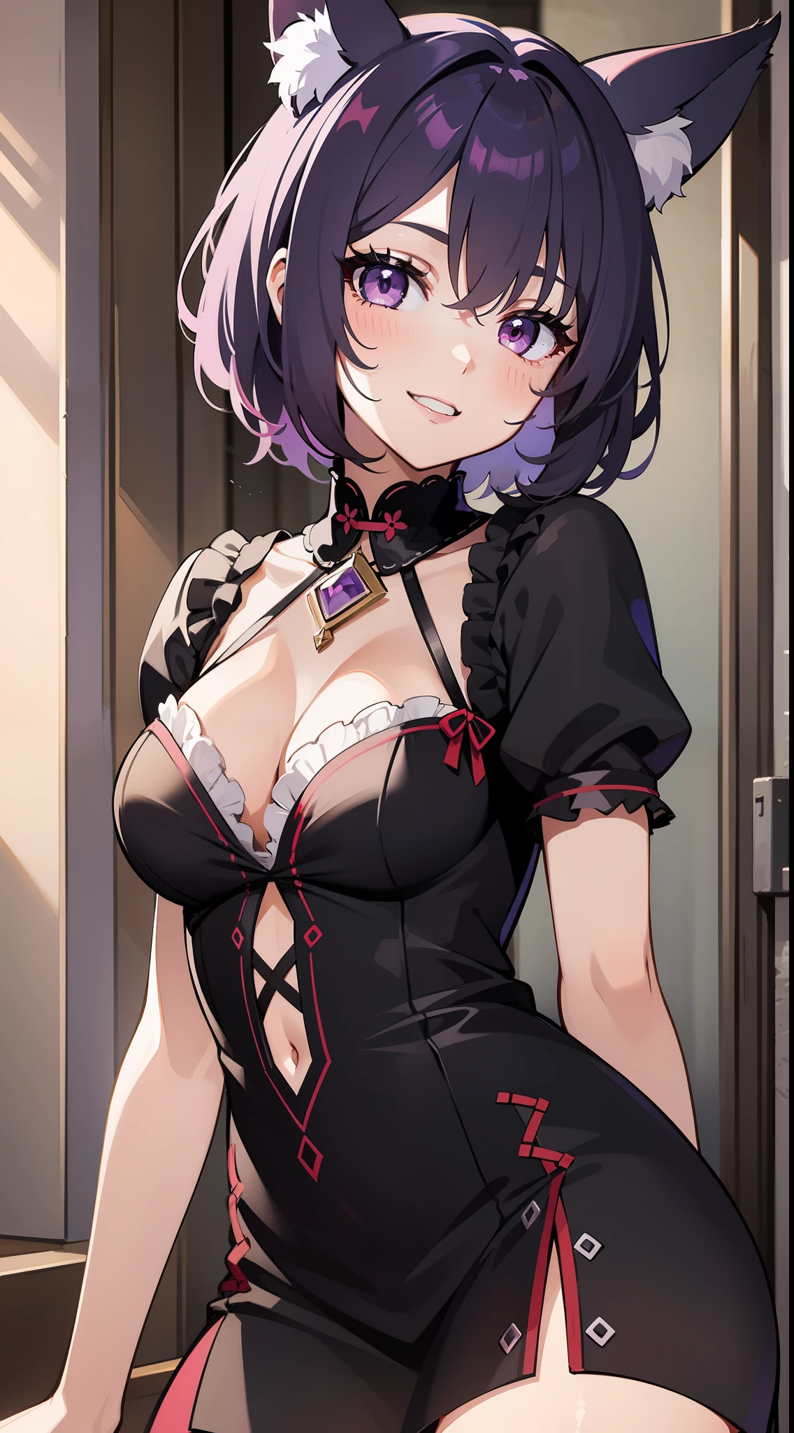 young girl, short purple hair, red tips, violet eyes, wolf ears, open dress, ssmile, Masterpiece, hiquality