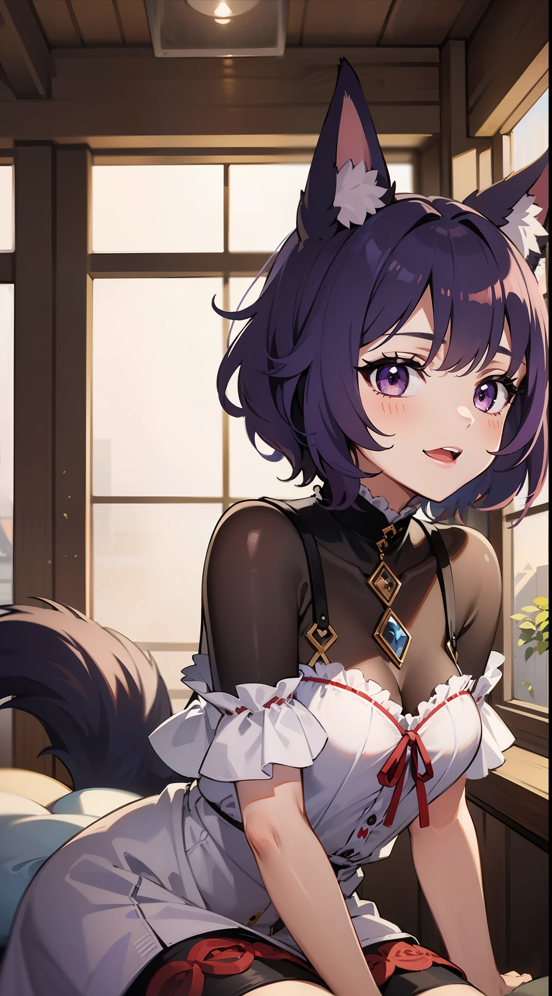 young girl, short purple hair, red tips, violet eyes, wolf ears, open dress, ssmile, Masterpiece, hiquality