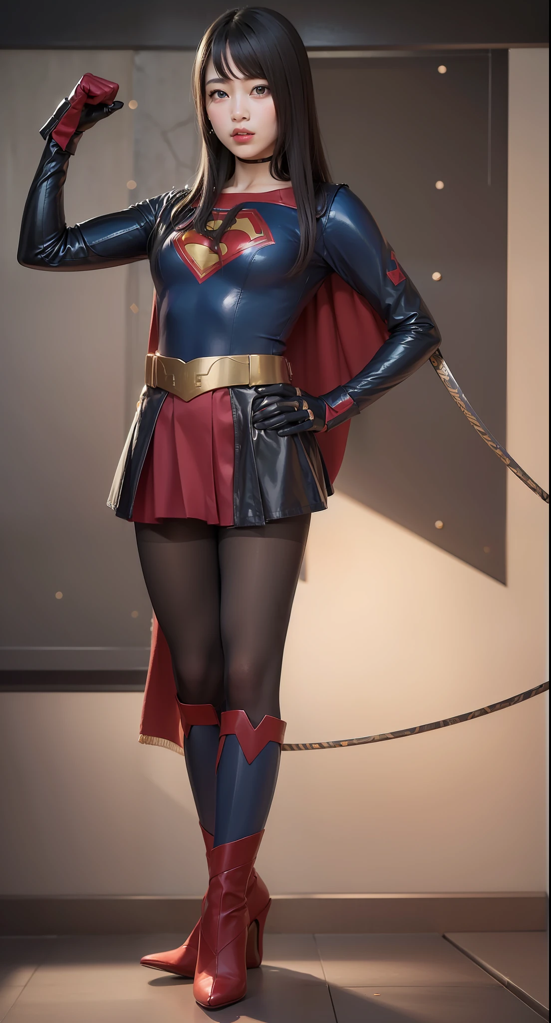 ((top-quality、8K、masterpiece:1.3))、女の子1人、Beautiful woman with slender abs:1.3、(Medium short hair)、hyperdetailed face、Patch Order、二重まぶた、Superheroine、Ally of justice、japanes、Hair is black、Skirt short、A dark-haired、Painful look、defeat、super girl、pantyhose、Stocking legs、Strong eyes、Transcendent Beautiful Girl、Top image quality、Masterpiece、Wearing stockings、Lower body slender、eyes are slightly larger、Blue eyes、legs slender、Short Bob