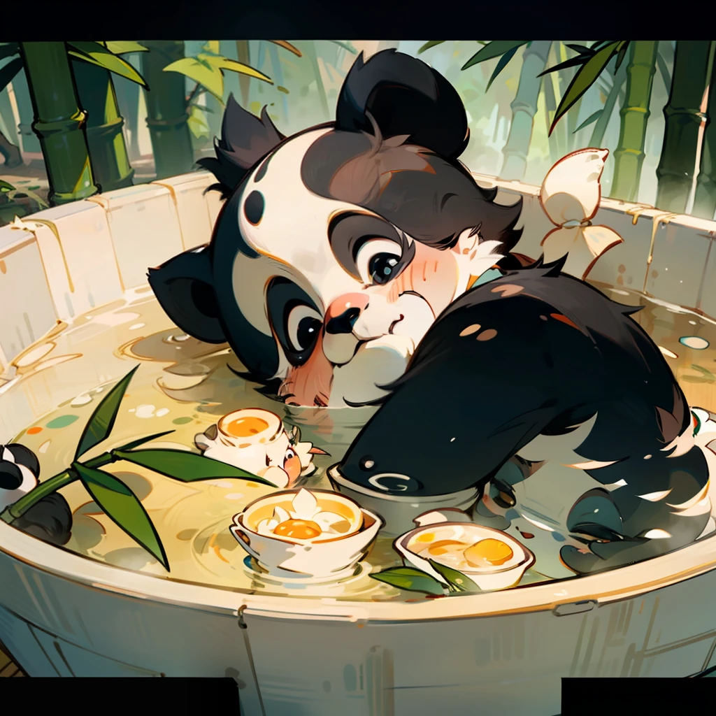 A cute baby panda,lying in a hot spring,There is a bowl of noodle soup next to it,Behind the hot springs is a bamboo forest,Keep it simple,pixar-style