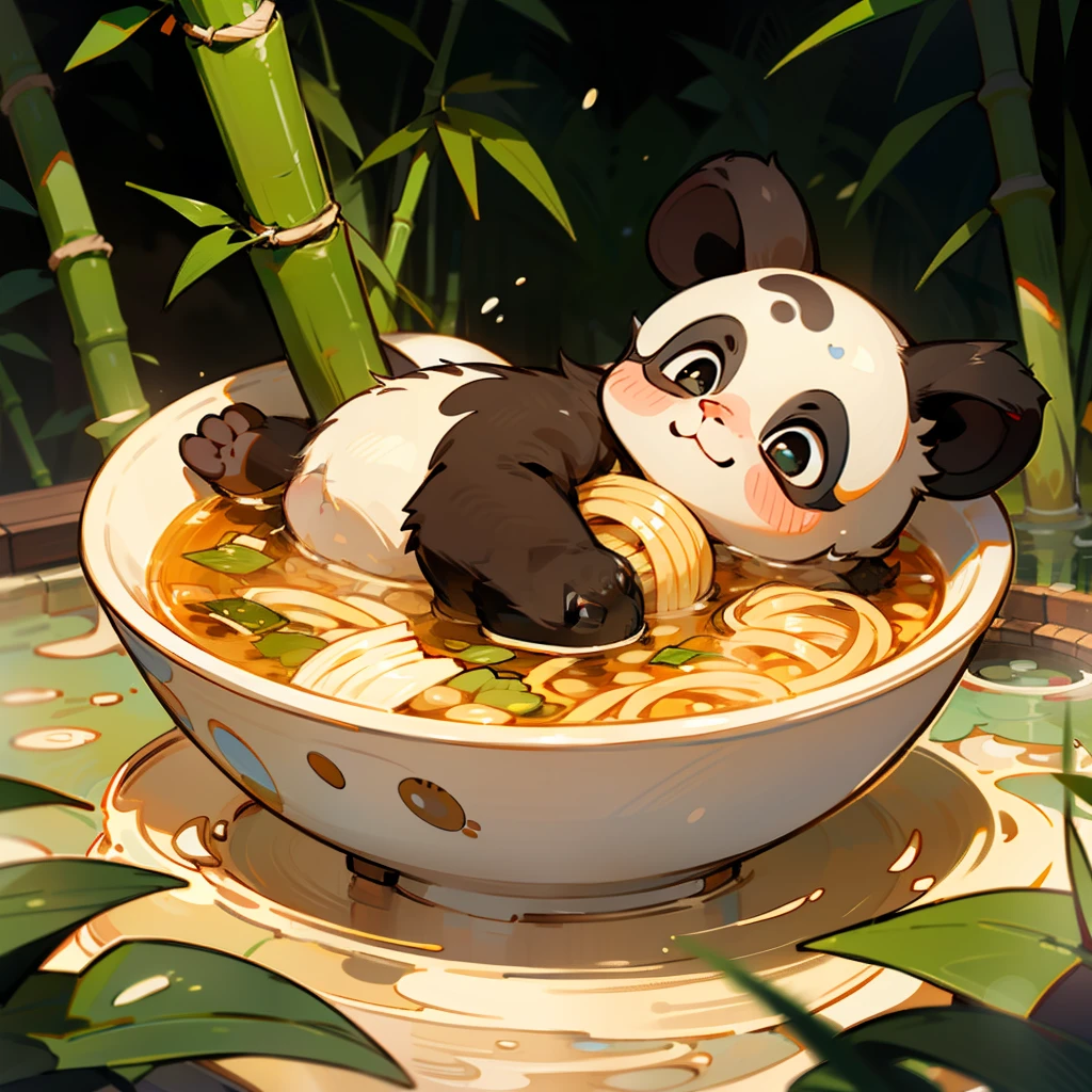 A cute baby panda，lying in a hot spring，There is a bowl of noodle soup next to it，Behind the hot springs is a bamboo forest，Keep it simple，pixar-style