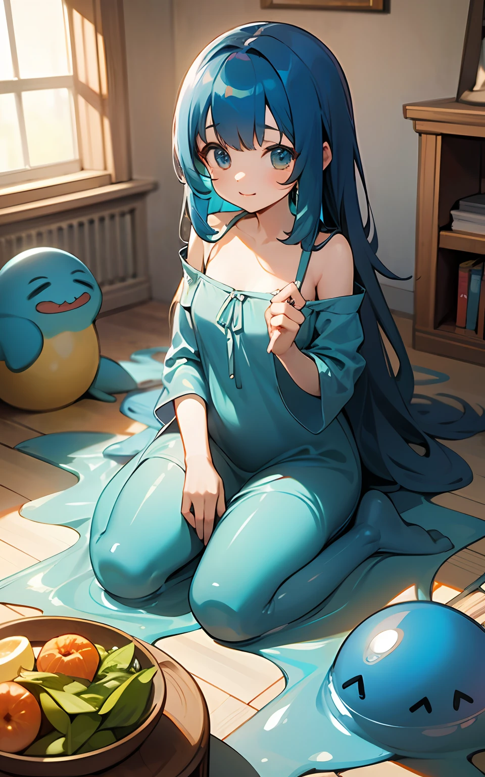 top-quality、hight resolution、detaileds、Blue Slime Girl、lightly dressed、Ruined room、The long-haired、Cute appearance、Children's table、Children's lunch、
