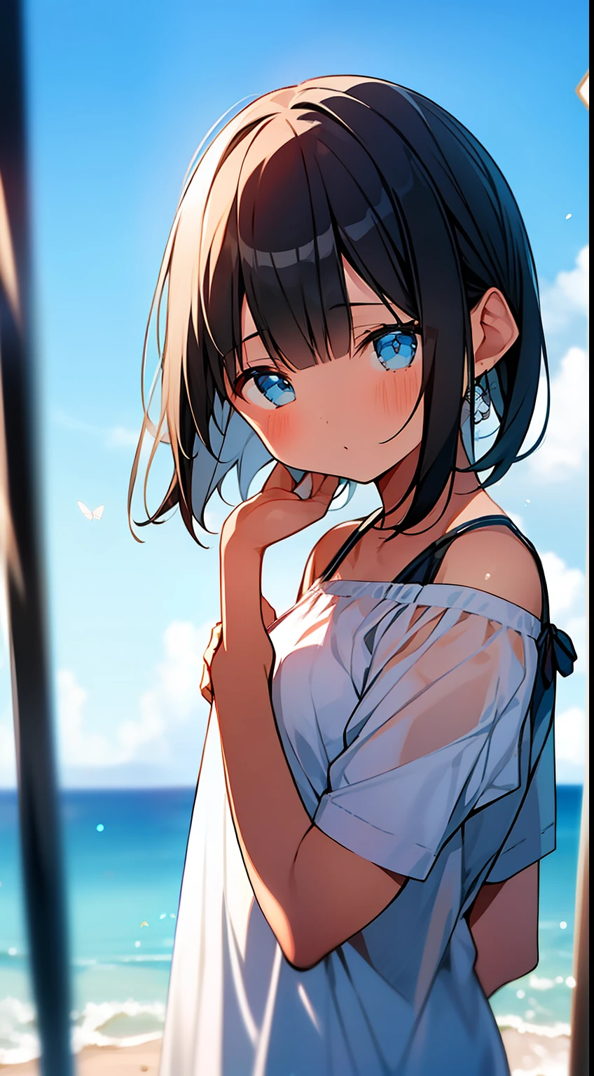 One girl、Eau、sea side、Evening glow、cute little、masterpiece、top-quality、Top image quality、校服、Fluttering hair、A dark-haired、bob cuts