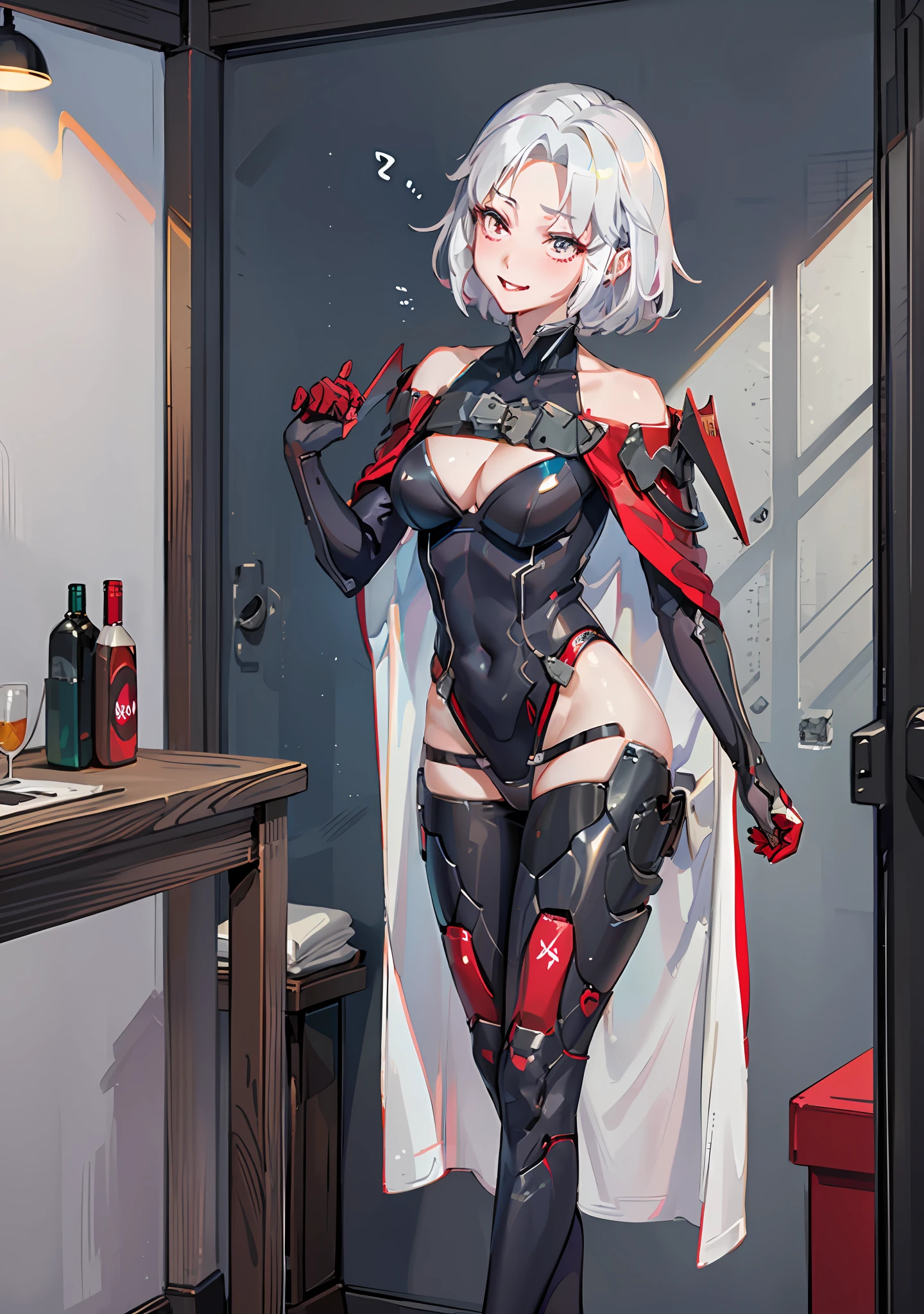 ((((masterpiece, best quality, high resolution)))), point of view, 1girl, white hair, red eyes, short wavy hair, average breasts, blush, light smile, glow, thighs, bare shoulders, collarbone, narrow waist, cleavage, (beautiful detailed face, beautiful detailed eyes), bedroom, night time, (on the knees), hands on thighs, OrigFullArm, full armed, cape, mechanical armor, highleg leotard, Origleotard, thighhighs, tongue out, drooling