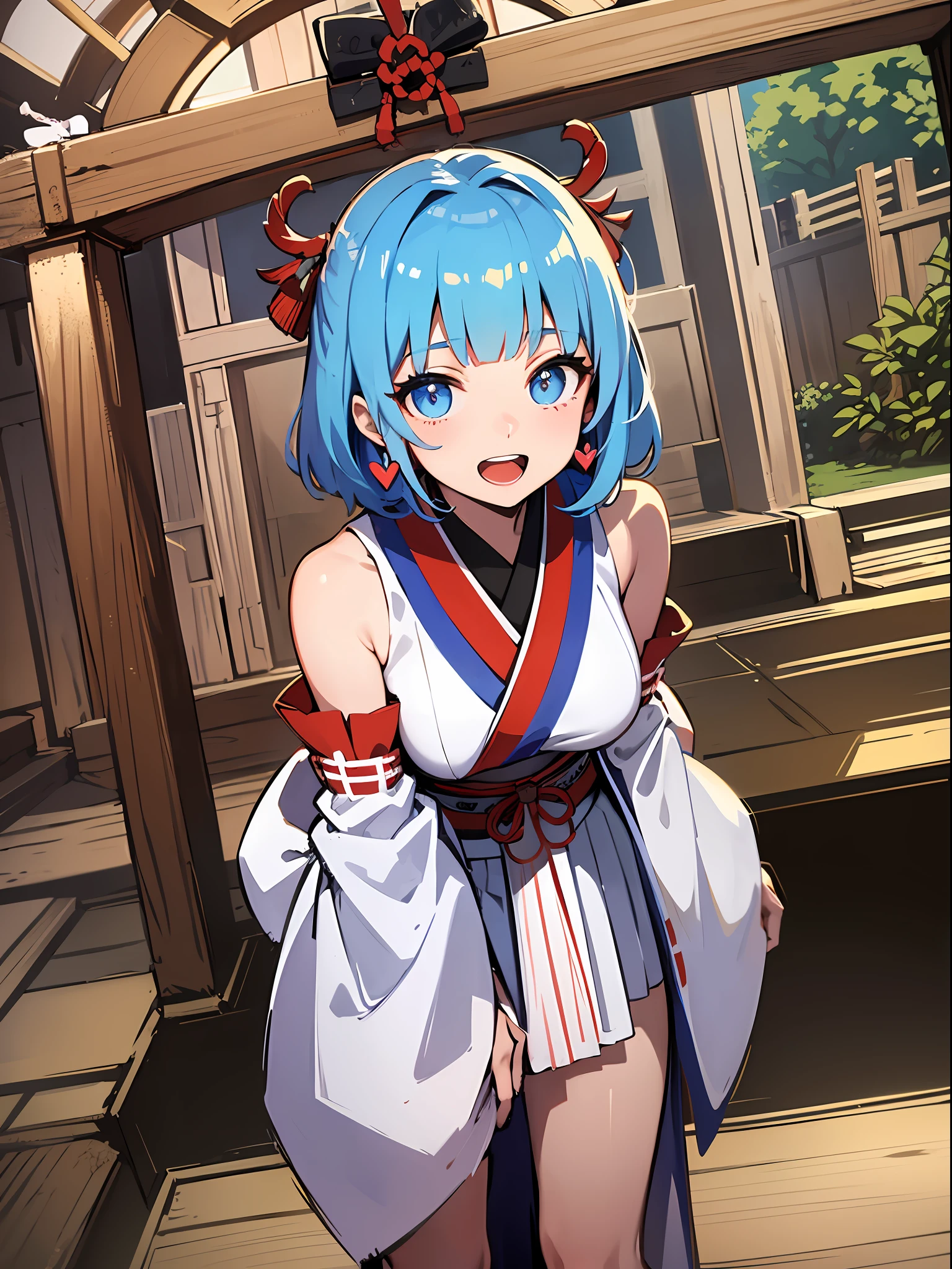 (masterpiece:1.3), (best quality:1.3), high resolution,
dutch angle, couboy shot,
leaning forward, body facing forward, dynamic pose,
(one cute girl:1.3), solo,
white skin, small Breast, eight-headed person,
light blue hair, (bobbed hair:1.2), (short hair:1.2), (blunt bangs:1.2), beautiful hair, blue eyes, beautiful detailed eyes,
open mouth, heart, cheerful smile,
shrine maiden, white and red clothes, detached sleeves, earrings,
indoors, shinto shrine, japanese style town,
shadowlighting,