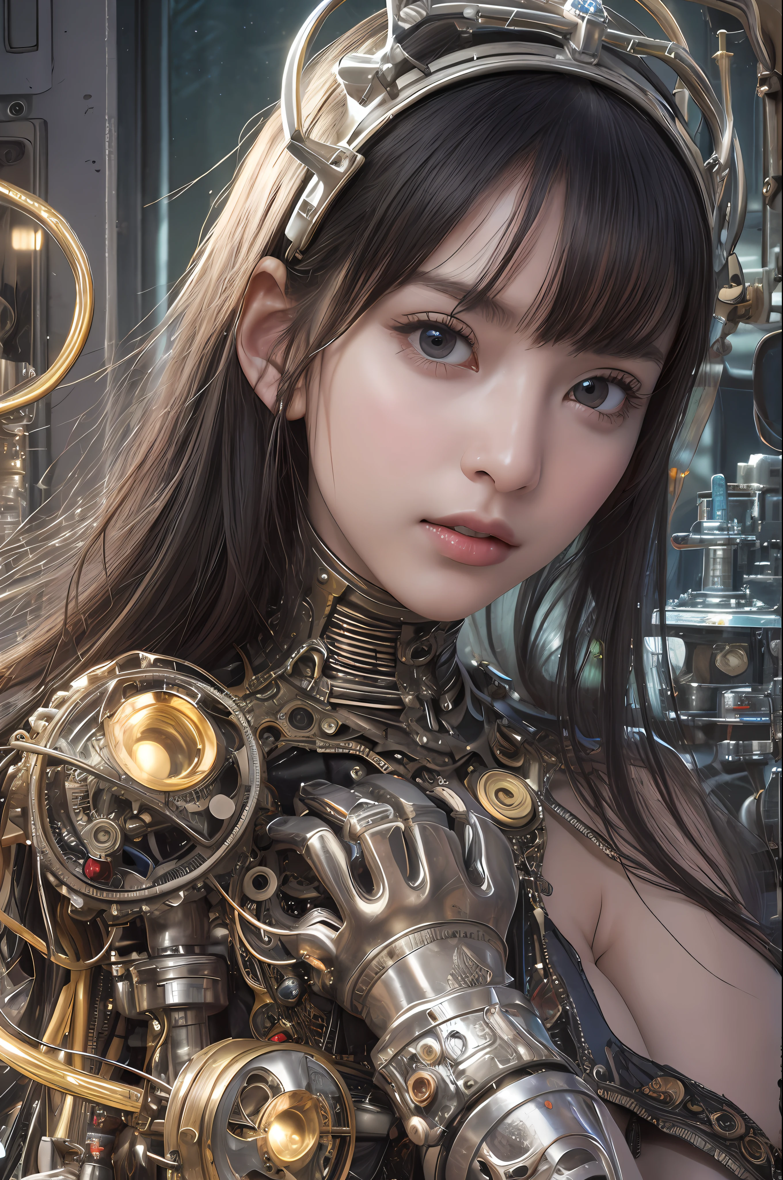 top-quality、masterpiece、超A high resolution、(Photorealsitic:1.4)、Raw photo、女の子1人、Black hair、glowy skin、1 Mechanical Angel、large metal wings、Shining Angel Circle、((super realistic details))、portlate、globalillumination、Shadow、octan render、8K、ultrasharp、Colossal tits、Raw skin is exposed in cleavage、metals、Details of complex ornaments、Steampunk details、vacuum tubes、Nixie Kan、Oil pressure gauge、Glass Kan、Analog Meter、gear wheel、gear、Hydraulic cylinder、highly intricate detail、Realistic light、a purple eye、radiant eyes、Facing the camera、neon details、Mechanical limbs、blood vessels connected to tubes、Mechanical vertebrae attached to the back、mechanical cervical attaching to neck、sitting on、Wires and cables connecting to the head、evangerion、Small LED lamp、Sumerian details、