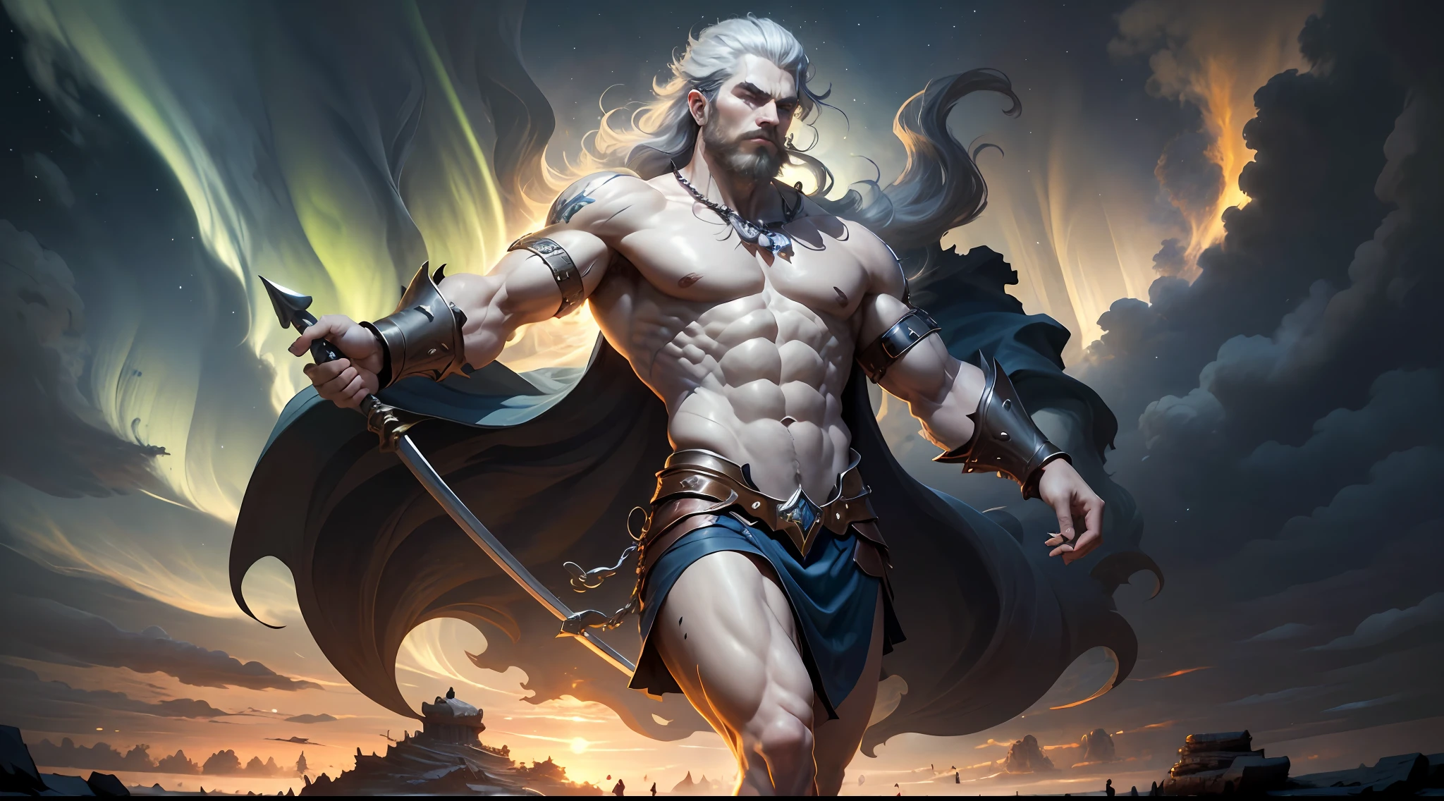 ((Best Quality)), ((Masterpiece)), (Detailed), image of Hades the Greek, (mythology: 1.2), (Majestic appearance: 1.1), loose beard and hair, muscular physique, Wearing a trident (The Realm of the Underworld: 1.1), (A powerful creature: 1.2), (Divine aura: 1.1), (domineering look: 1.1), 8K разрешение Viking, rocker, Rockstar, Cool, glare, radiance, spectrum, titanium, titanium, warrior, samurai, Strong WILL, Mighty strength, Energy, zipper, Salute, northern lights