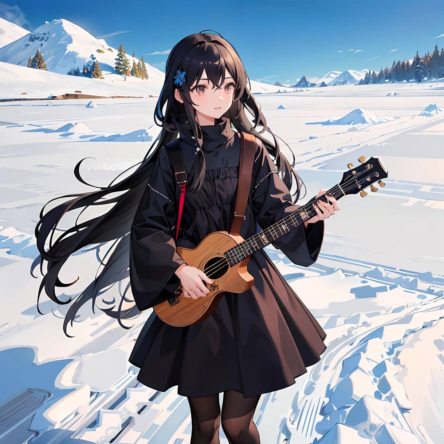 Black long-haired girl in a blue dress，Stroll through the vast snowy plains of the night，A ukulele in his hand --auto
