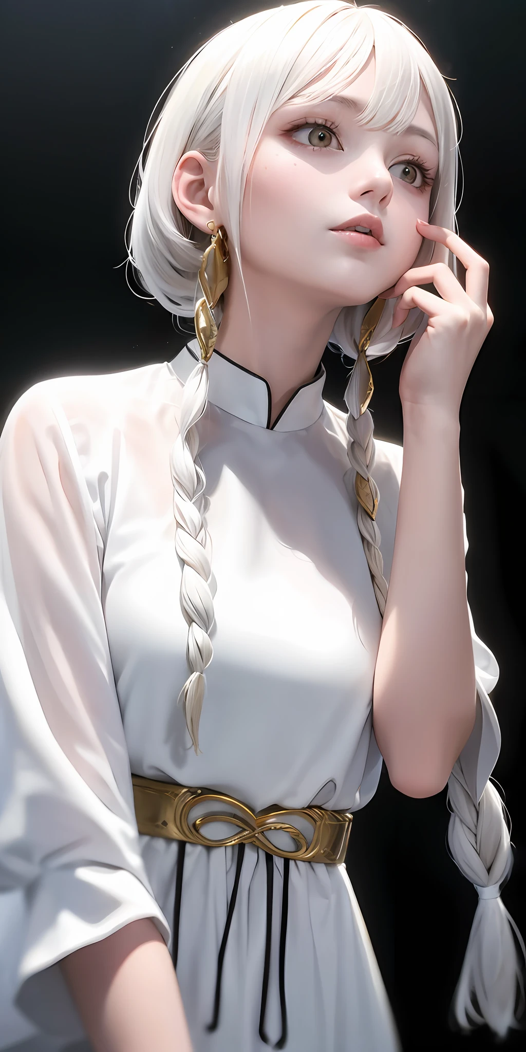 best quality, masterpiece,white hair, gold eyes,white clothes, looking up, upper body,hair strand,Fair skin,side braids