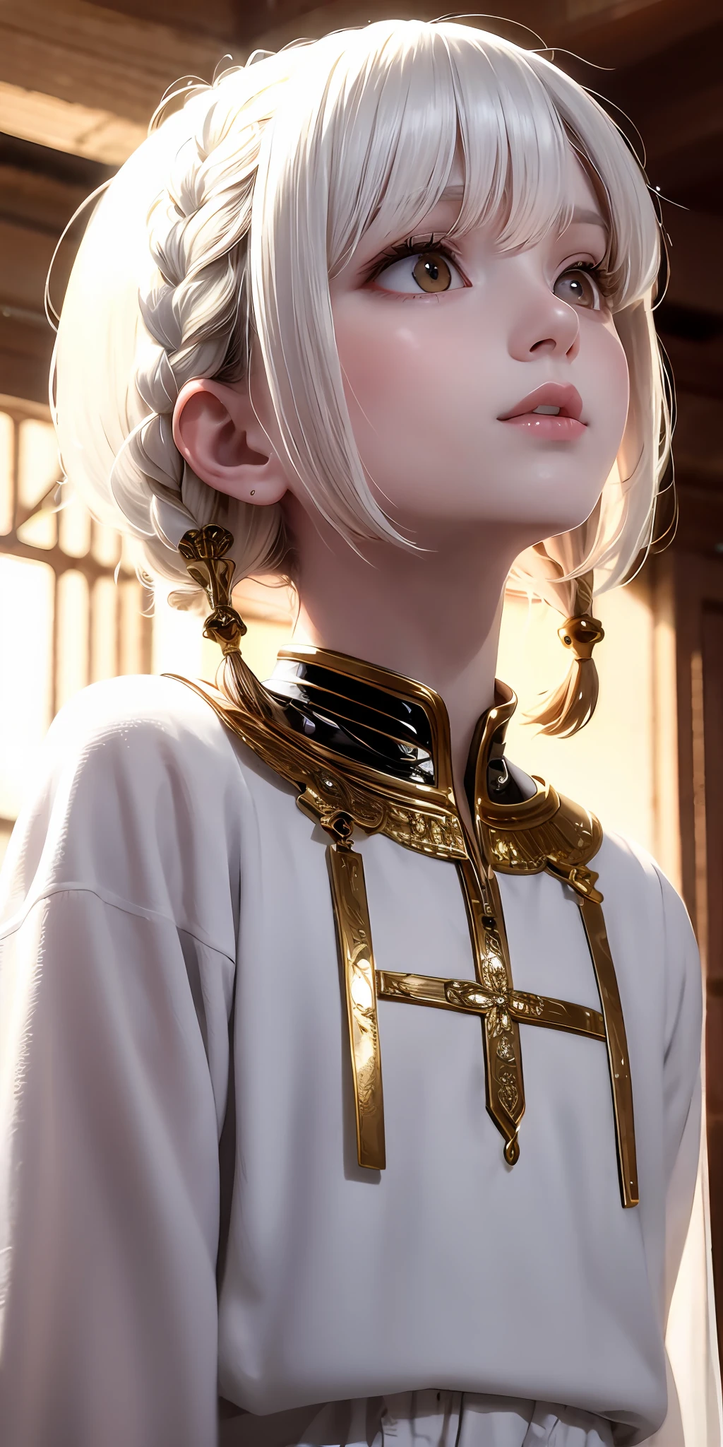best quality, masterpiece,white hair, gold eyes,white clothes, looking up, upper body,hair strand,Fair skin,side braids