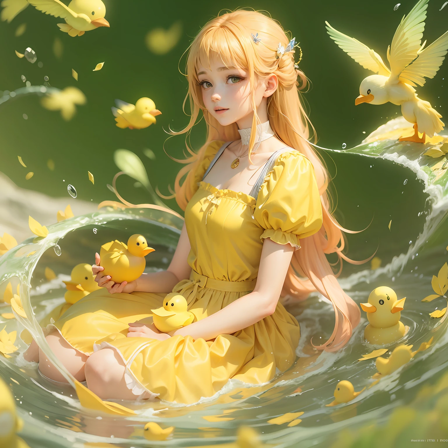 sandbox:1.4),in a panoramic view,Solo, full bodyesbian,beautiful age girl, Wear delicate yellow leather shoes,It's like being in the Yellow Sea Ball Pool,Wearing a pale yellow dress, ssmile,Long light yellow hair,He holds a yellow rubber duck in his hand,Manhwa Style,Material de vidro,crystal material,extremely detaile, Cinematic lighting effects,4K,tmasterpiece,offcial art