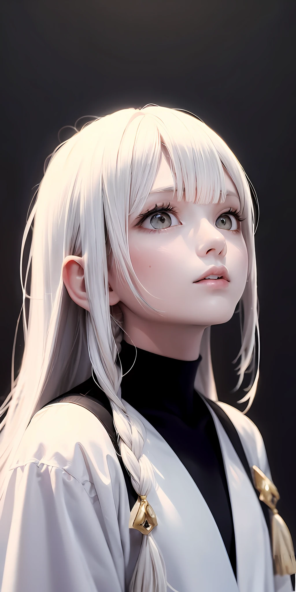 best quality, masterpiece,white hair, gold eyes,white clothes, looking up, upper body,hair strand,Fair skin,side braids