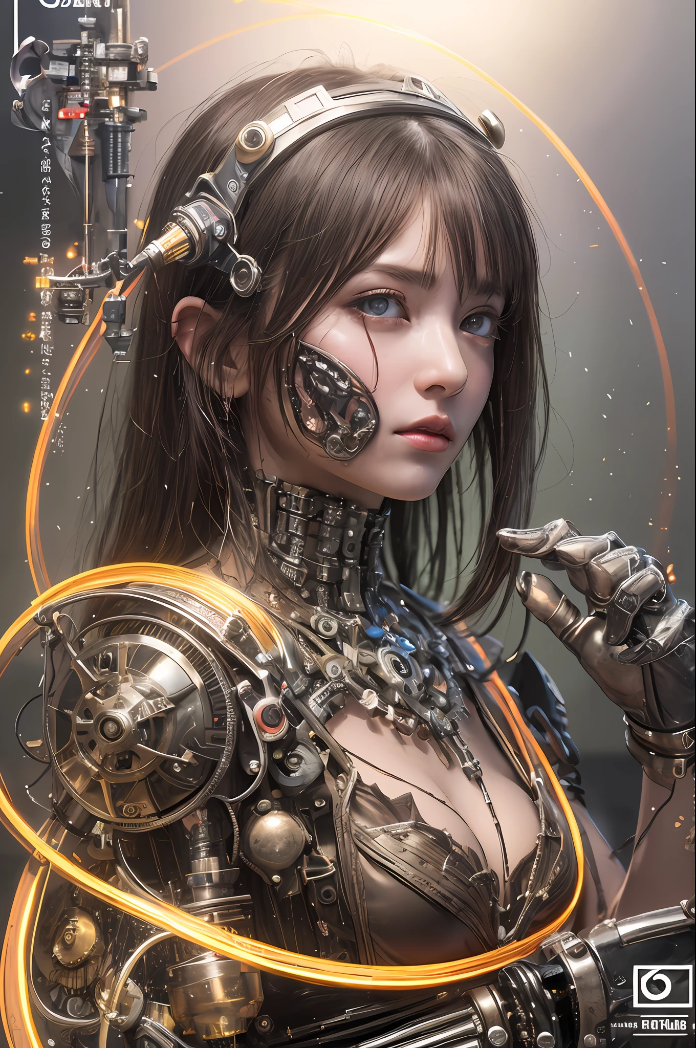 top-quality、​masterpiece、超A high resolution、(Photorealsitic:1.4)、Raw photo、女の子1人、Black hair、glowy skin、1 Mechanical Angel、large metal wings、Shining Angel Circle、((super realistic details))、portlate、globalillumination、Shadow、octan render、8K、ultrasharp、Colossal tits、Raw skin is exposed in cleavage、metals、Details of complex ornaments、Steampunk details、vacuum tubes、Nixie Kan、Oil pressure gauge、Glass Kan、Analog Meter、gear wheel、gear、Hydraulic cylinder、highly intricate detail、Realistic light、a purple eye、radiant eyes、Facing the camera、neon details、Mechanical limbs、blood vessels connected to tubes、Mechanical vertebrae attached to the back、mechanical cervical attaching to neck、sitting on、Wires and cables connecting to the head、Small LED lamp、Sumerian details、