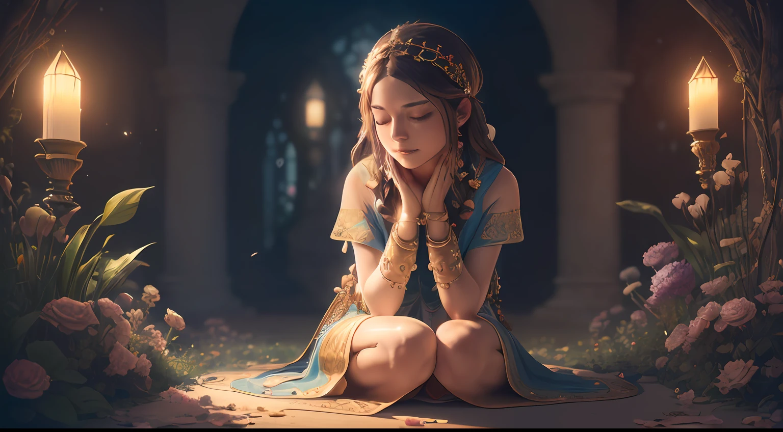 award-winning photo of a woman, octane render, hdr, (hyperdetailed: 1.15), (soft, sharp light: 1.2), 1girl, priestess, eyes closed, from ((hand together in gratitude position)), mature, beautiful body, eyes closed, long knee hair ((priestess))), ((masterpiece, top quality, best quality, official art, beautiful and aesthetic: 1.2), extremely detailed, colorful, more detailed ((ultra-detailed)), (highly detailed CG illustration),  ((extremely delicate and beautiful)), cinematic light, garden, prayer, head down