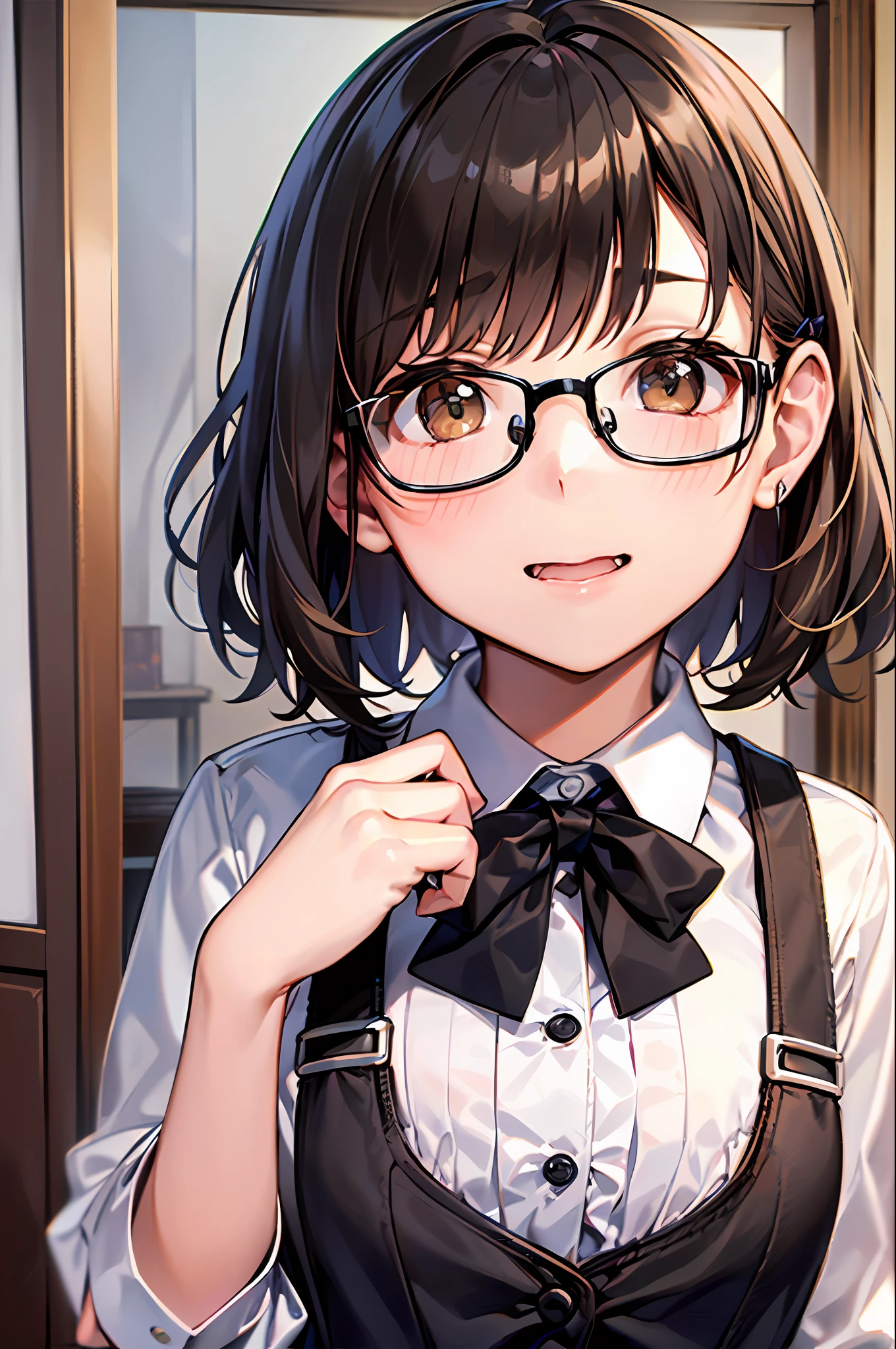 (1 16-year-old girl、A dark-haired、short-hair、straight haired、bow ribbon、Light brown eyes、Black glasses、small tits、cute face)、Japan school uniform、masterpiece、top-quality