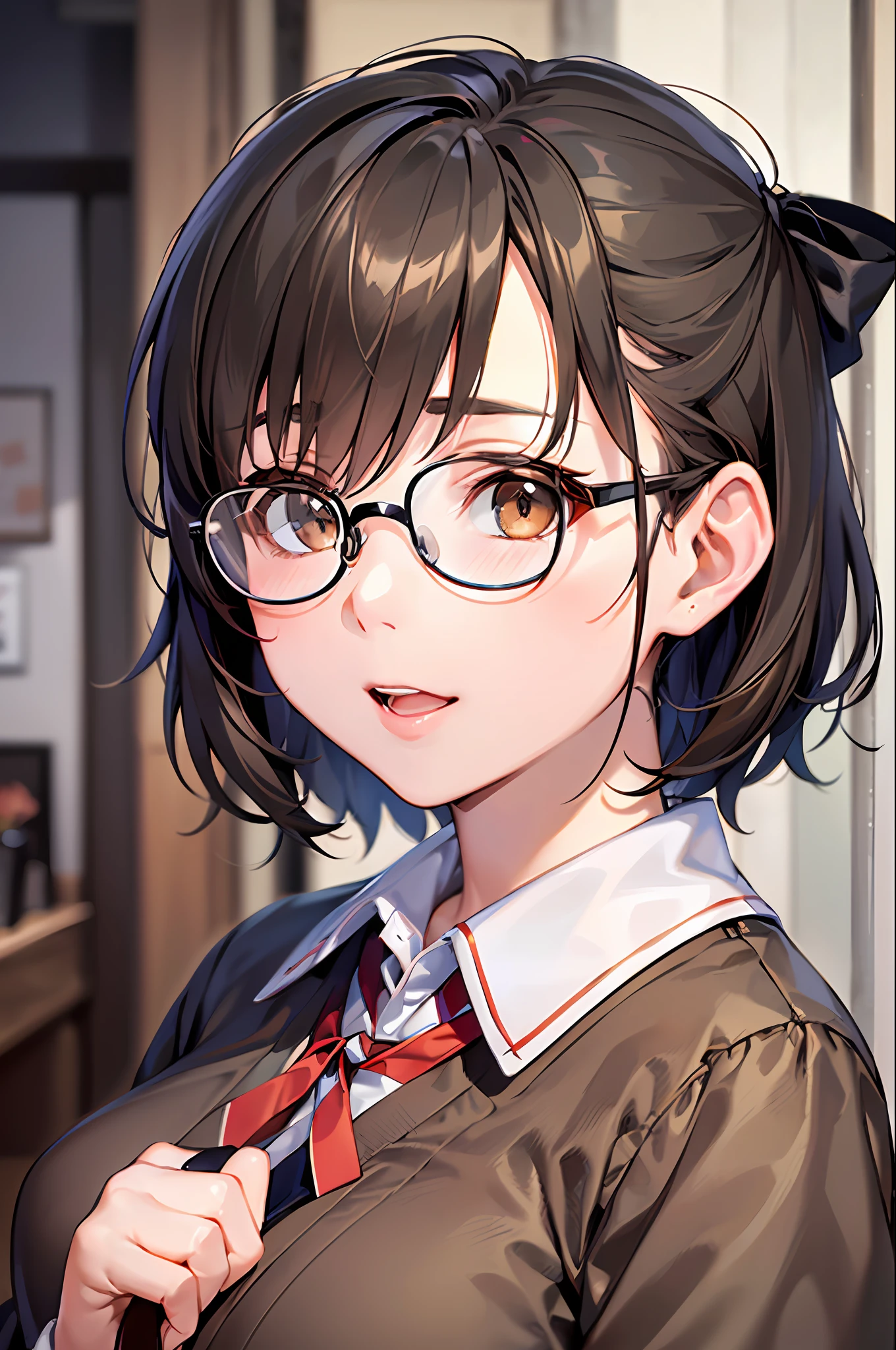 (1 16-year-old girl、A dark-haired、short-hair、straight haired、bow ribbon、Light brown eyes、Black glasses、small tits、cute  face)、Japan school uniform、​masterpiece、top-quality