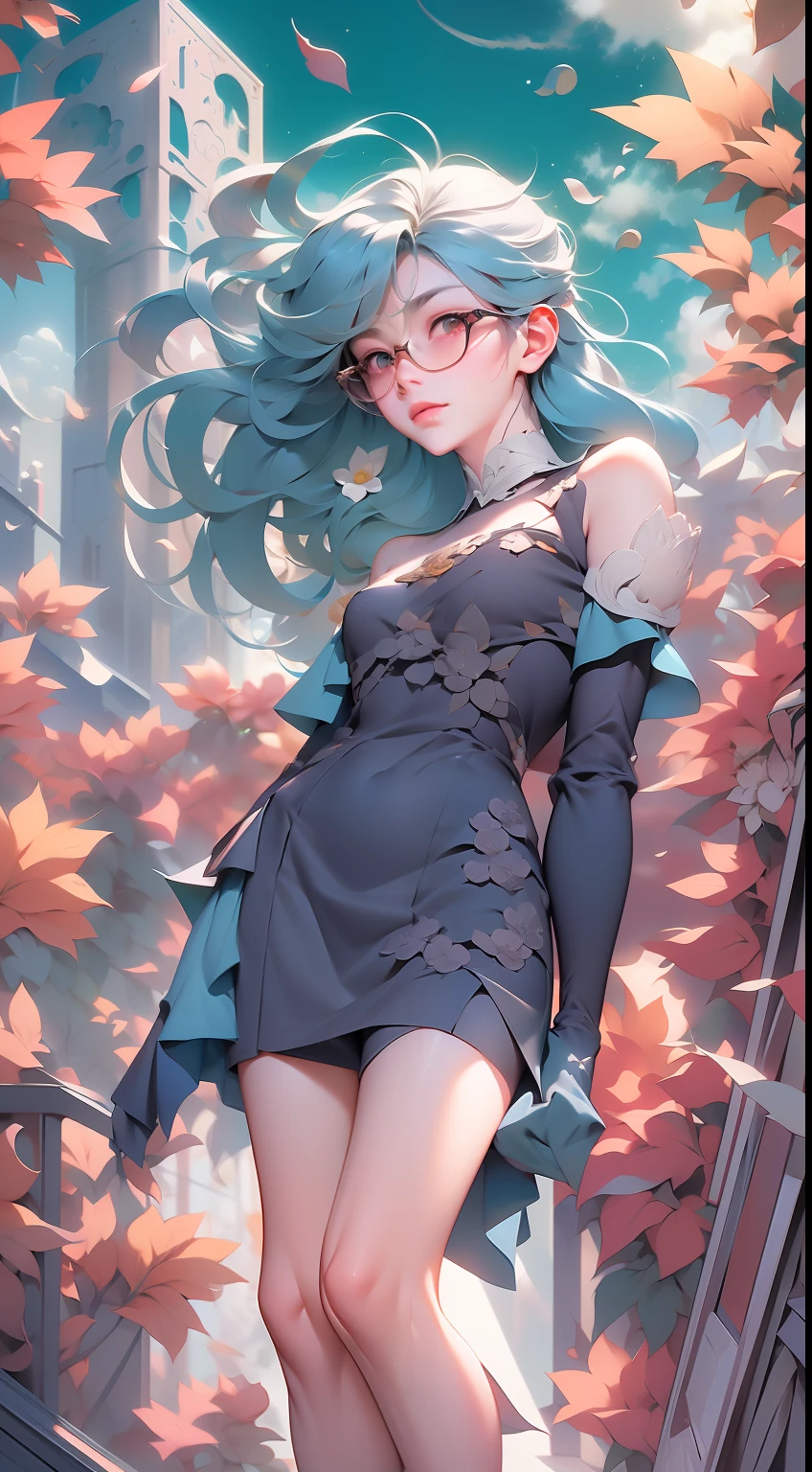 drawing of a woman with blue green color parted shoulder length hair no front bang and having glasses with flowers in her hair,korean art nouveau anime, beautiful anime artwork, artgerm and james jean, anime art nouveau, beautiful anime art, the flower prince, a beautiful artwork illustration, detailed anime character art, digital art on pixiv, anime fantasy illustration, detailed digital anime art, beautiful fantasy anime, clean detailed anime art, 2 d anime style, decora inspired illustrations, inspired by Yumihiko Amano, anime girl with teal hair, anime style portrait, beautiful anime art style, portrait of jinx from arcane, manga art style, anime style illustration, anime art style, extremely fine ink lineart, black and white manga style, black and white line art, ink manga drawing, intense line art, pencil and ink manga drawing, intense black line art, in style of manga, exquisite line art, perfect lineart,exquisite line art, exquisite digital illustration, detailed digital drawing, black and white coloring, digital anime illustration, a beautiful artwork illustration, detailed matte fantasy portrait, beautiful,(Daylight,autumn, Best quality, 8k, Masterpiece :1.3)), Whole body, Long legs, Sharp focus :1.2, A pretty woman with perfect figure wearing smart haute couture dress :1.4, Slender abs :1.1, ((Dark brown hair, small breasts :1.2)), (White tight tshirt, Jean bib, Standing:1.2), ((Night city view, Rooftop:1.3)), Highly detailed face and skin texture, Detailed eyes, Double eyelid,( watercolor \(medium\), IrisCompiet:1.2),abstract background, fantasy, many colors, wind blowing,masterpiece, best quality, (extremely detailed CG unity 8k wallpaper), (best quality), (best illustration), (best shadow), absurdres, realistic lighting, (Abyss), beautiful detailed glow,clear face, clean white background, masterpiece, super detail, epic composition, ultra HD, high quality, extremely detailed, official art, uniform 8k wallpaper, super detail, 32k -- v 6