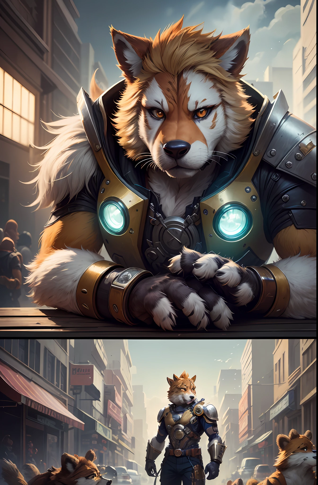 perspective, top quality, High-quality illustrations by Johannes Vermeer, masterpiece, Dark Fantasy, Cyberpunk, steam punk(super handsome boy, single, kemono)Mechanical marvel, Robotic presence, Cybernetic guardian, wearing a worn-out mech suit, intricate(steel metal, rusty)(furry anthro:1.7)(Furry body, dog facial features, dog body features)elegant, clear focus, shot by greg rutkowski, soft lighting, vibrant colors, Beam from the palm of your hand, masterpiece((street))cowboy shot, dynamic pose, hero pose,