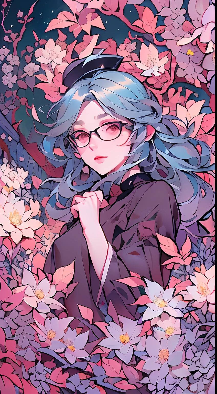 drawing of a woman with blue parted shoulder length hair and glasses with flowers in her hair,korean art nouveau anime, beautiful anime artwork, artgerm and james jean, anime art nouveau, beautiful anime art, the flower prince, a beautiful artwork illustration, detailed anime character art, digital art on pixiv, anime fantasy illustration, detailed digital anime art, beautiful fantasy anime, clean detailed anime art, 2 d anime style, decora inspired illustrations, inspired by Yumihiko Amano, anime girl with teal hair, anime style portrait, beautiful anime art style, portrait of jinx from arcane, manga art style, anime style illustration, anime art style, extremely fine ink lineart, black and white manga style, black and white line art, ink manga drawing, intense line art, pencil and ink manga drawing, intense black line art, in style of manga, exquisite line art, perfect lineart,exquisite line art, exquisite digital illustration, detailed digital drawing, black and white coloring, digital anime illustration, a beautiful artwork illustration, detailed matte fantasy portrait, beautiful,(Daylight,autumn, Best quality, 8k, Masterpiece :1.3)), Whole body, Long legs, Sharp focus :1.2, A pretty woman with perfect figure wearing smart haute couture dress :1.4, Slender abs :1.1, ((Dark brown hair, small breasts :1.2)), (White tight tshirt, Jean bib, Standing:1.2), ((Night city view, Rooftop:1.3)), Highly detailed face and skin texture, Detailed eyes, Double eyelid,( watercolor \(medium\), IrisCompiet:1.2),abstract background, fantasy, many colors, wind blowing,masterpiece, best quality, (extremely detailed CG unity 8k wallpaper), (best quality), (best illustration), (best shadow), absurdres, realistic lighting, (Abyss), beautiful detailed glow,clear face, clean white background, masterpiece, super detail, epic composition, ultra HD, high quality, extremely detailed, official art, uniform 8k wallpaper, super detail, efficient sub-pixels, subpixel convolution, luminous particl