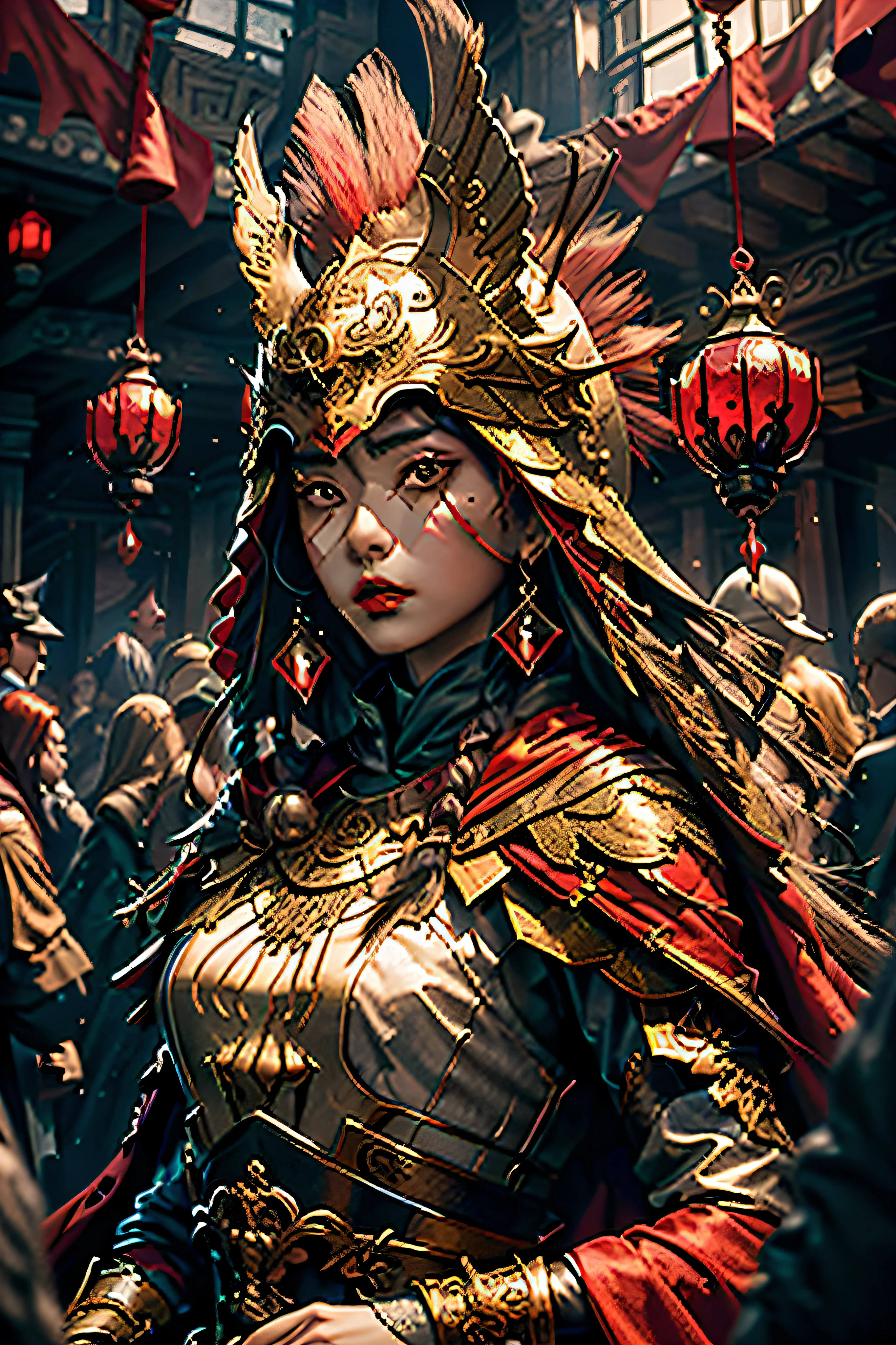 (tmasterpiece),(best qualtiy),(ultra - detailed),hyper realisitc,CG Screen,The hanging bell swayed,Shadows intertwine,Tranquil atmosphere,High-quality red cape,Red lip makeup。