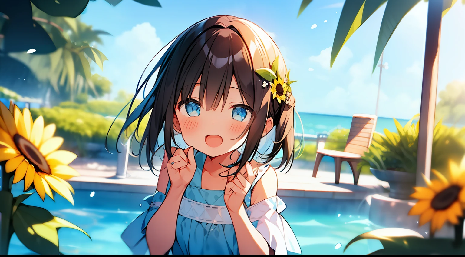One girl、Eau、sea side、Evening glow、cute little、masterpiece、top-quality、Top image quality、校服、Fluttering hair、A dark-haired、bob cuts、summer dress、sunflower hair ornament、laugh、