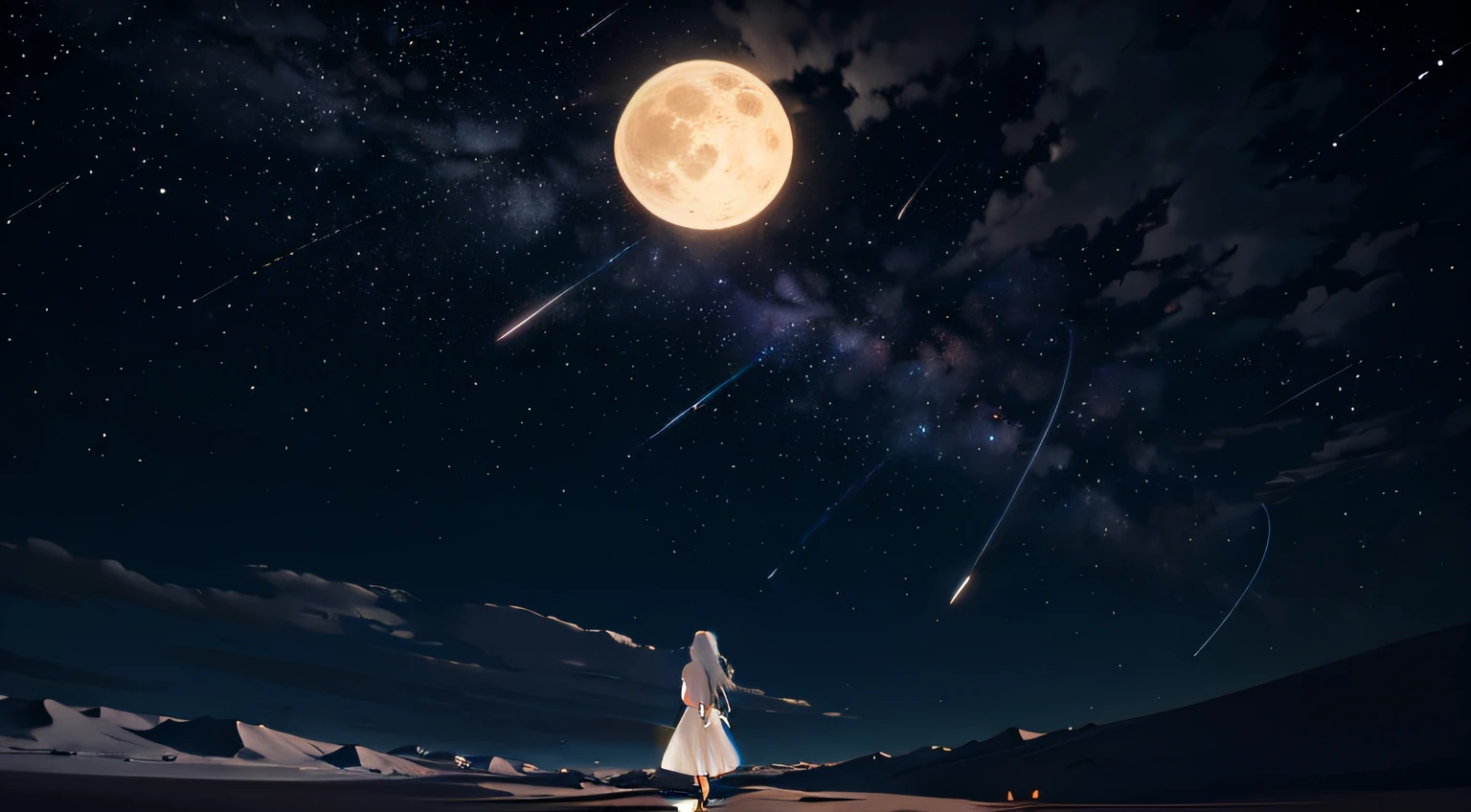 Rear view of a girl in a white dress、Silver long hair