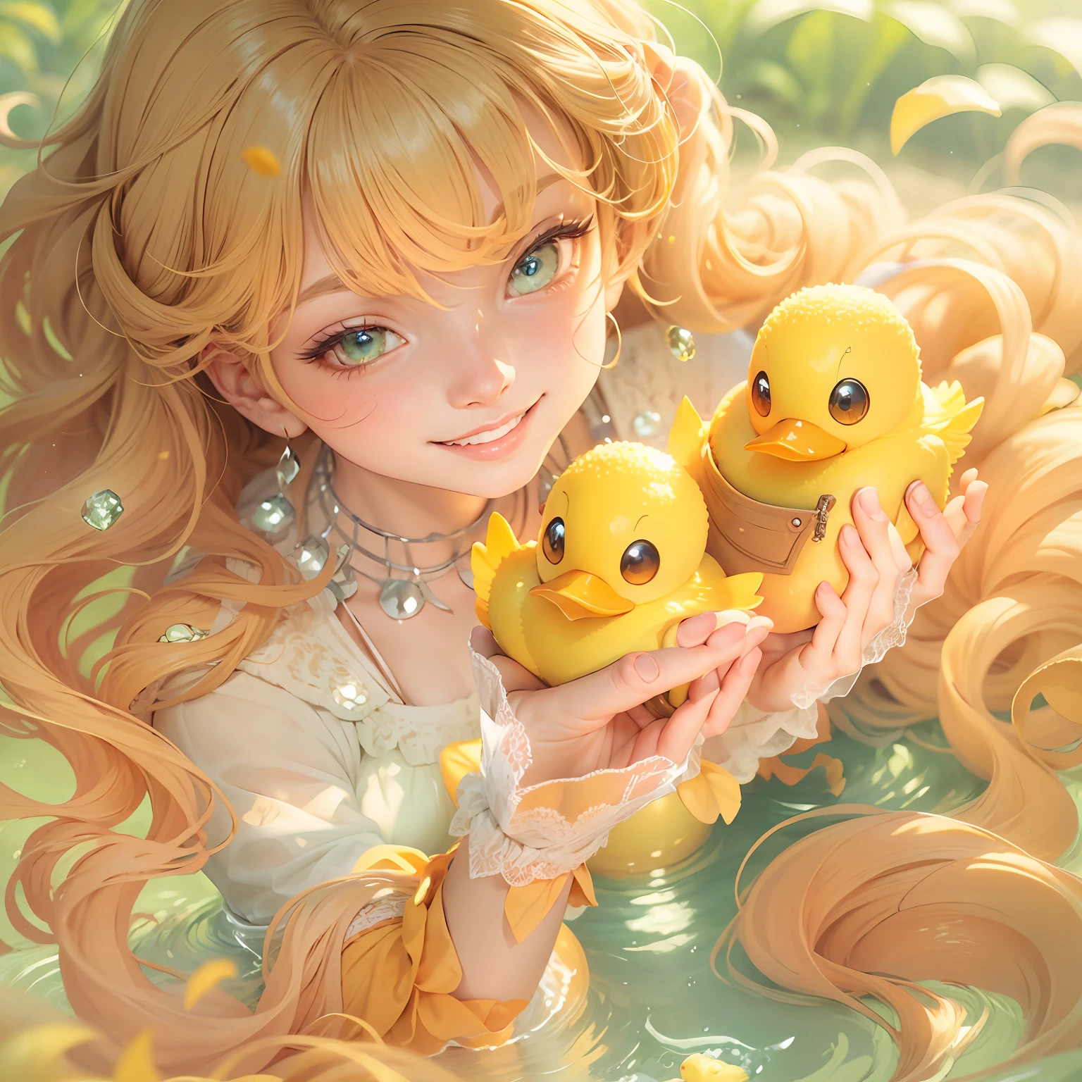 sandbox:1.4),in a panoramic view,Solo, full bodyesbian,beautiful teenage girl, Wear delicate yellow leather shoes,It's like being in the Yellow Sea Ball Pool,Wearing a pale yellow dress, ssmile,Long light yellow hair,He holds a yellow rubber duck in his hand,Manhwa Style,Material de vidro,crystal material,extremely detaile, Cinematic lighting effects,4K,tmasterpiece,offcial art
