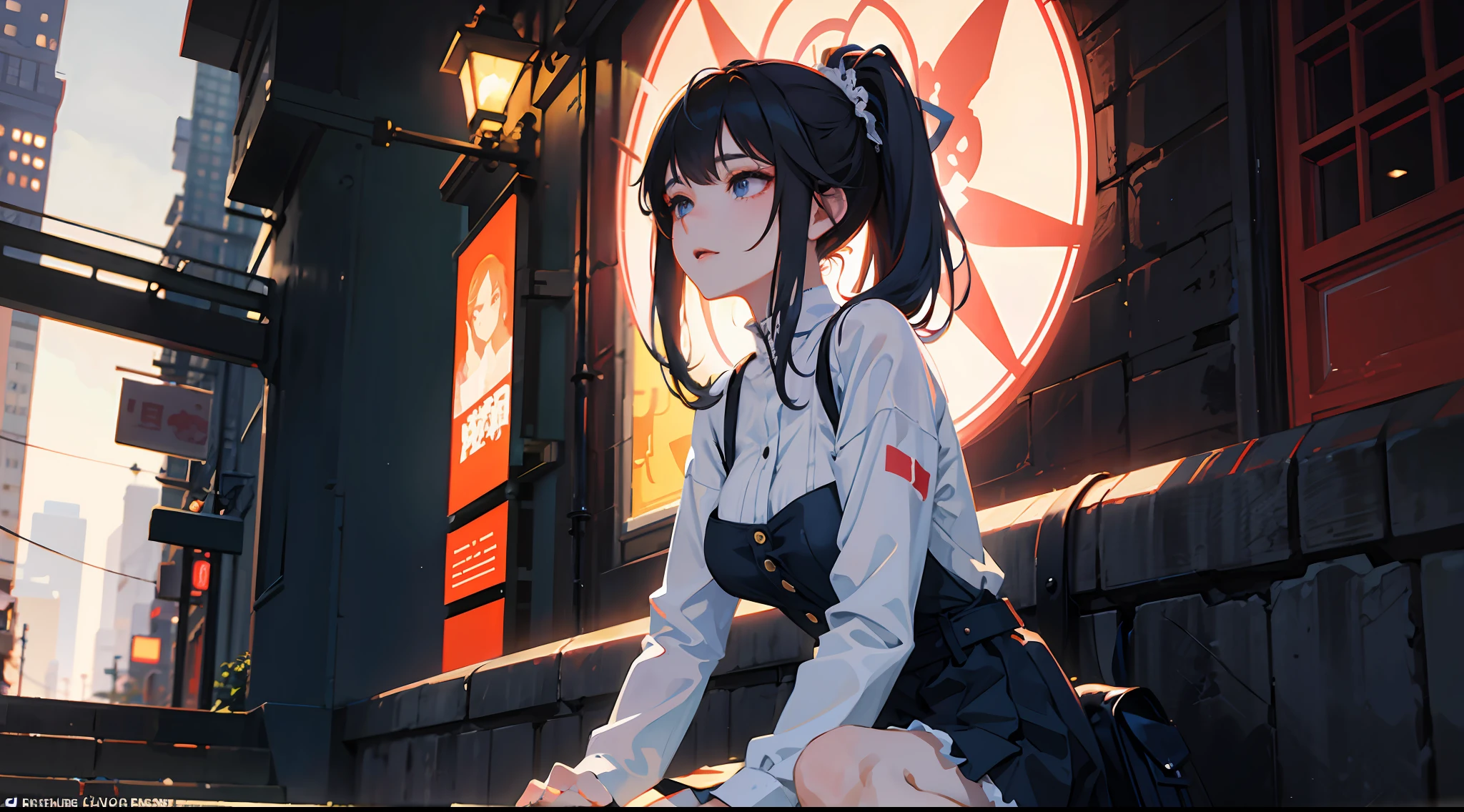 Anime girl sitting on the ground in front of a building, artwork in the style of guweiz, digital anime illustration, painted in anime painter studio, High quality anime art style, guweiz, Beautiful Anime Portrait, realistic anime art style, guweiz on pixiv artstation, made with anime painter studio, realistic anime 3 d style